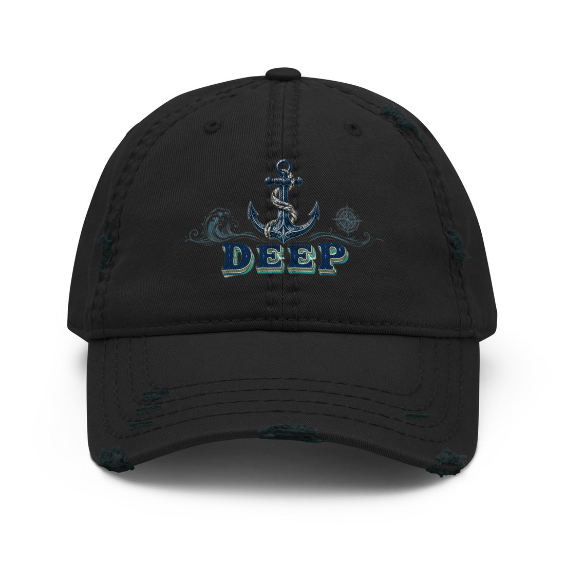Fishing Lovers 100% Cotton Distressed Dad Hat with Vintage Anchor and Waves "Deep" Design by printfluence.net