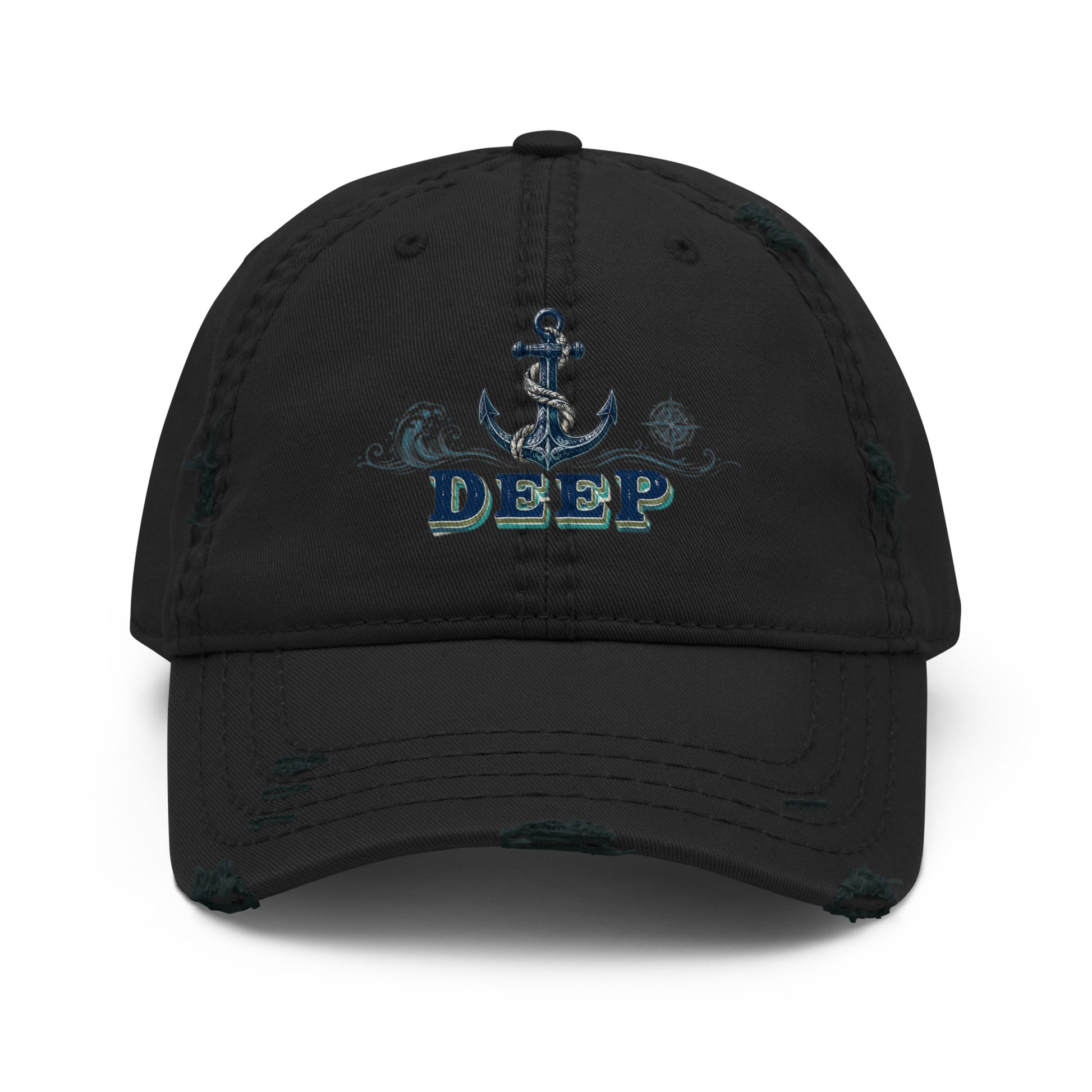 Fishing Lovers 100% Cotton Distressed Dad Hat with Vintage Anchor and Waves "Deep" Design by printfluence.net