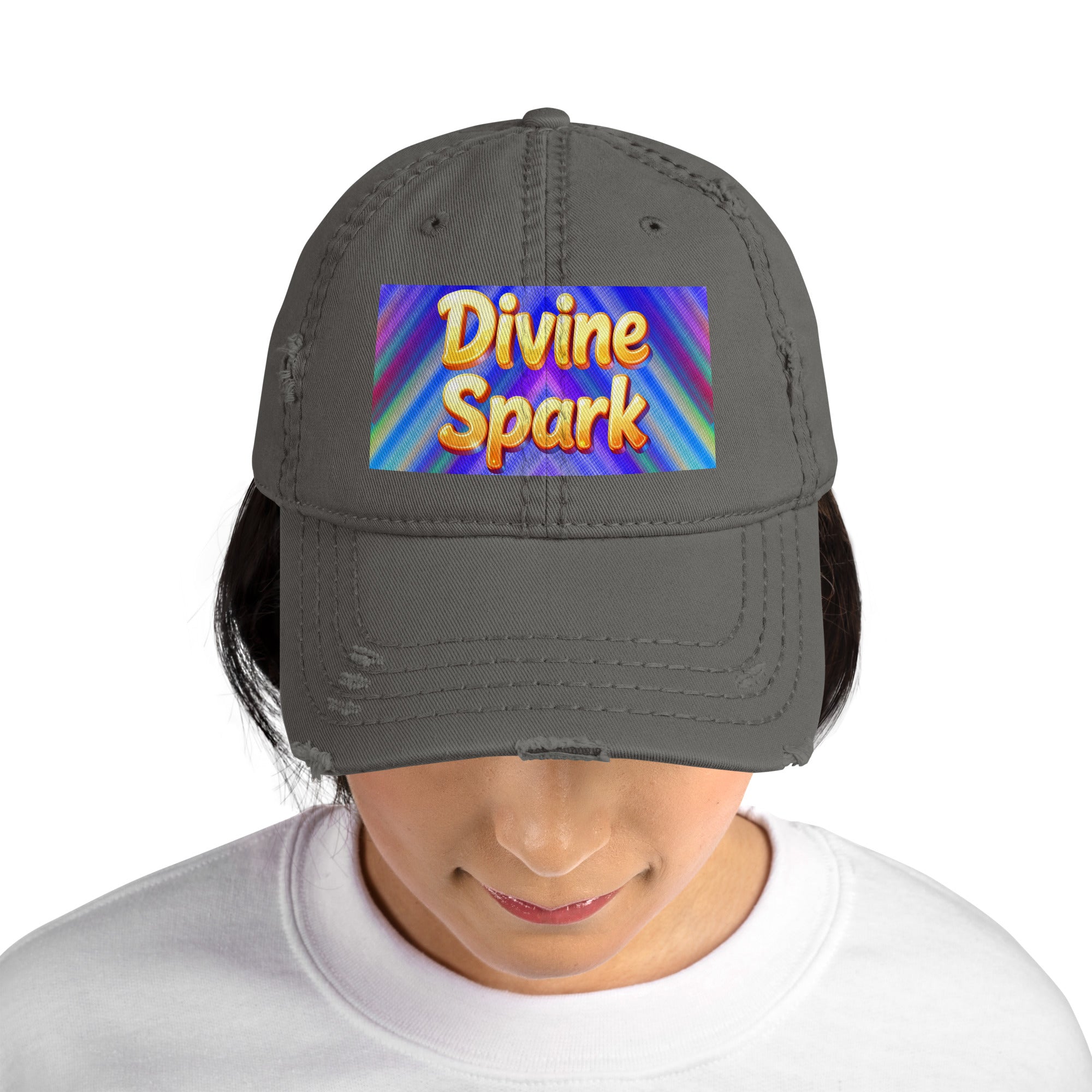 Distressed Dad Hat - Divine Spark Dad Hat – Shiny Yellow Glow on Colorful Lines Cap by printfluence.net