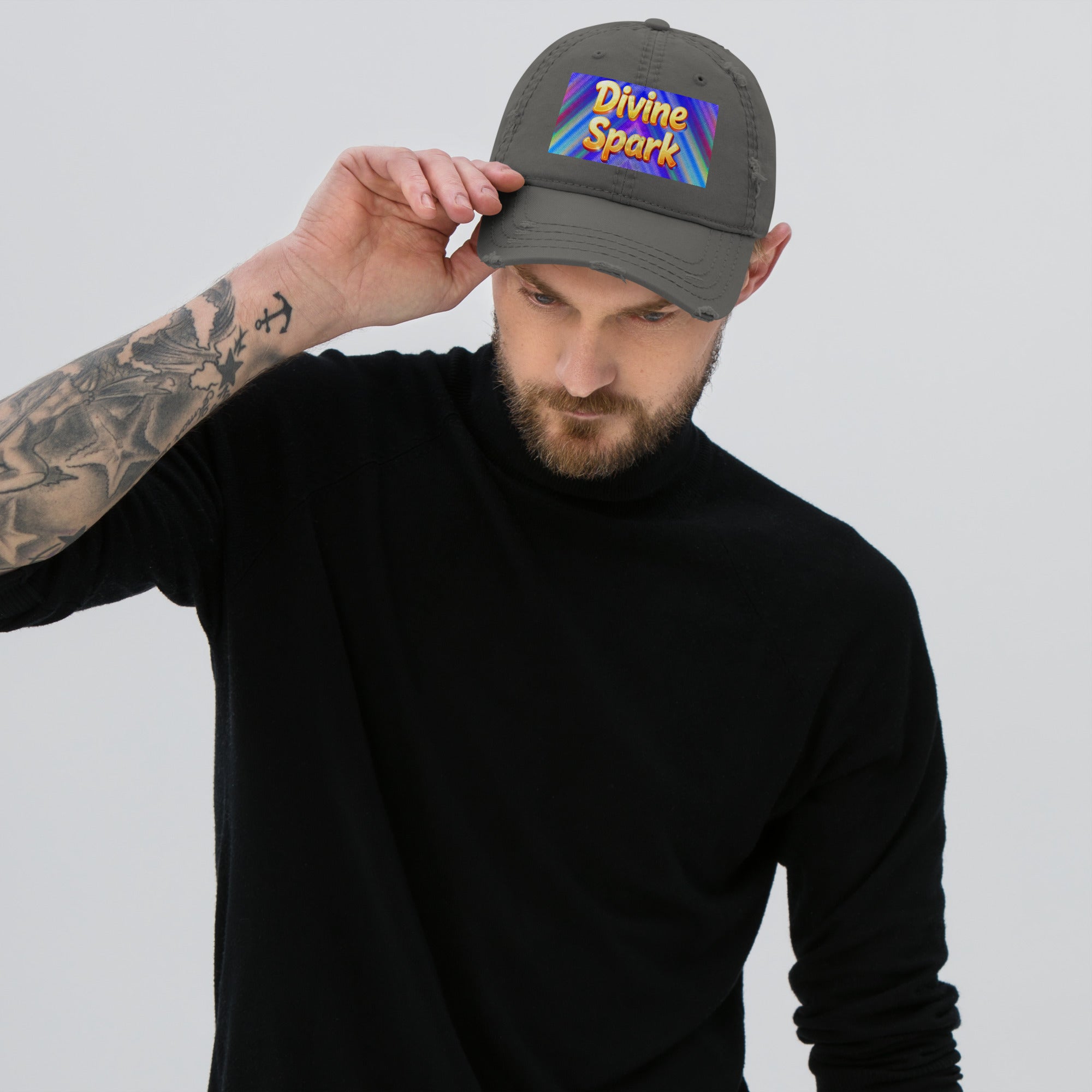 Distressed Dad Hat - Divine Spark Dad Hat – Shiny Yellow Glow on Colorful Lines Cap by printfluence.net
