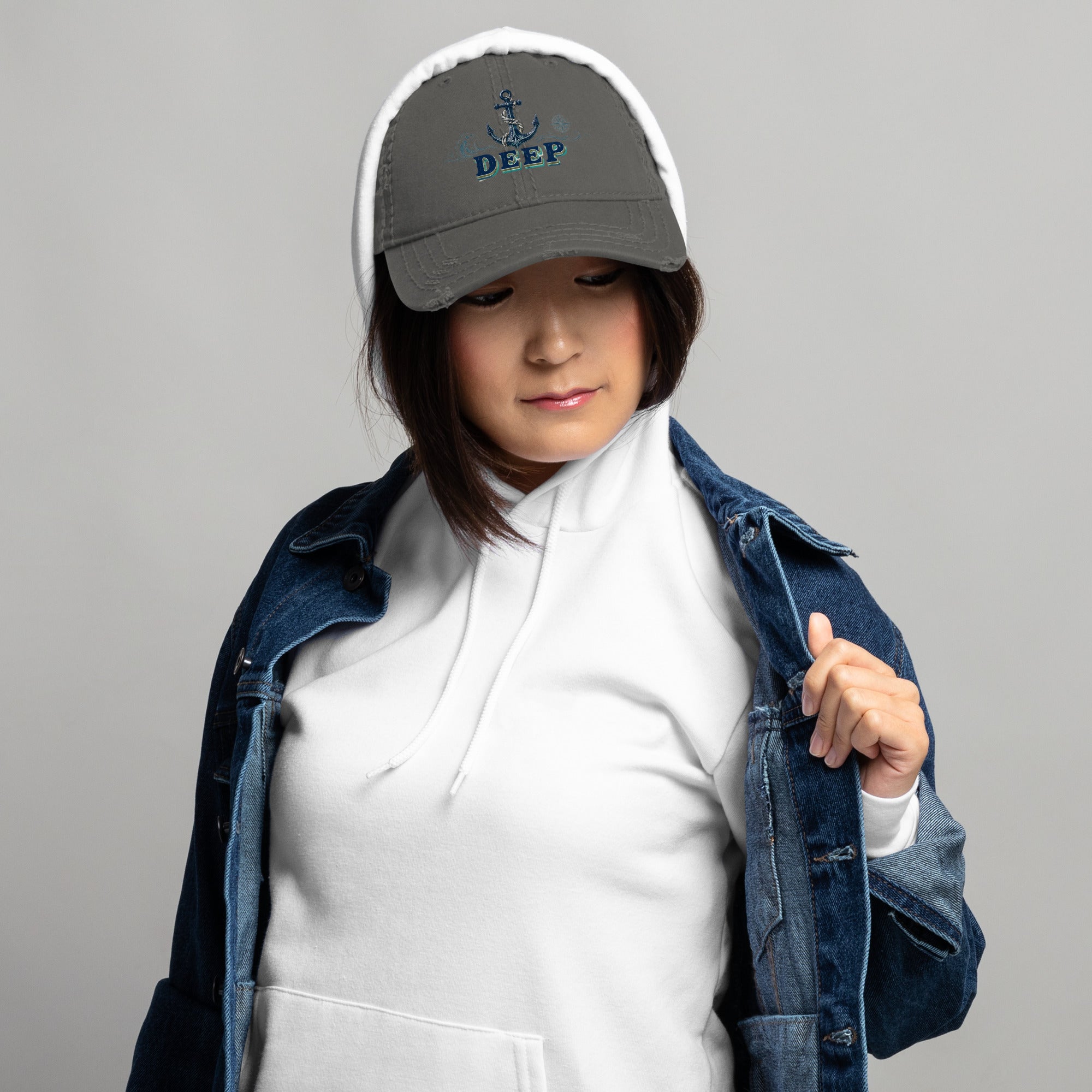 Fishing Lovers 100% Cotton Distressed Dad Hat with Vintage Anchor and Waves "Deep" Design by printfluence.net