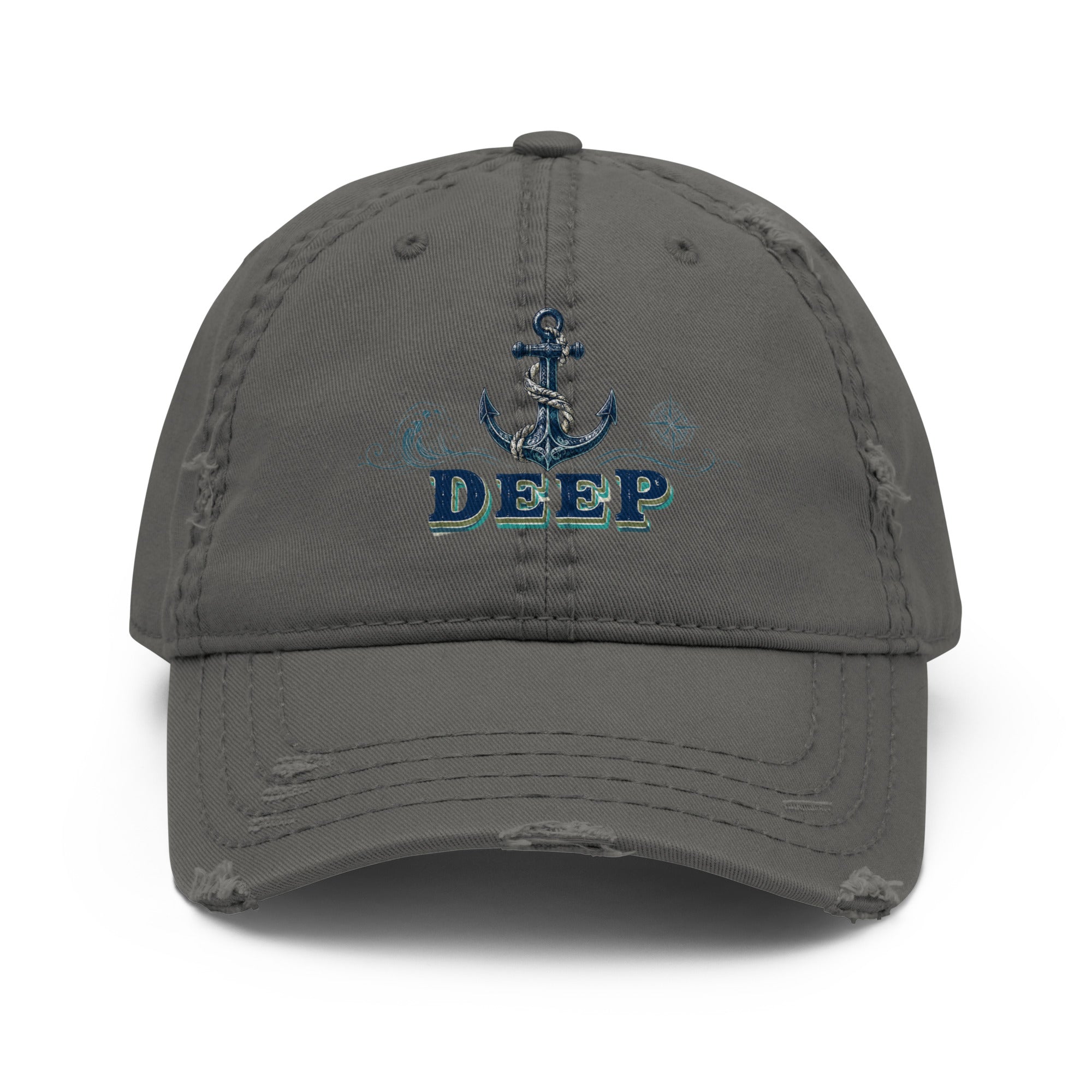 Fishing Lovers 100% Cotton Distressed Dad Hat with Vintage Anchor and Waves "Deep" Design by printfluence.net