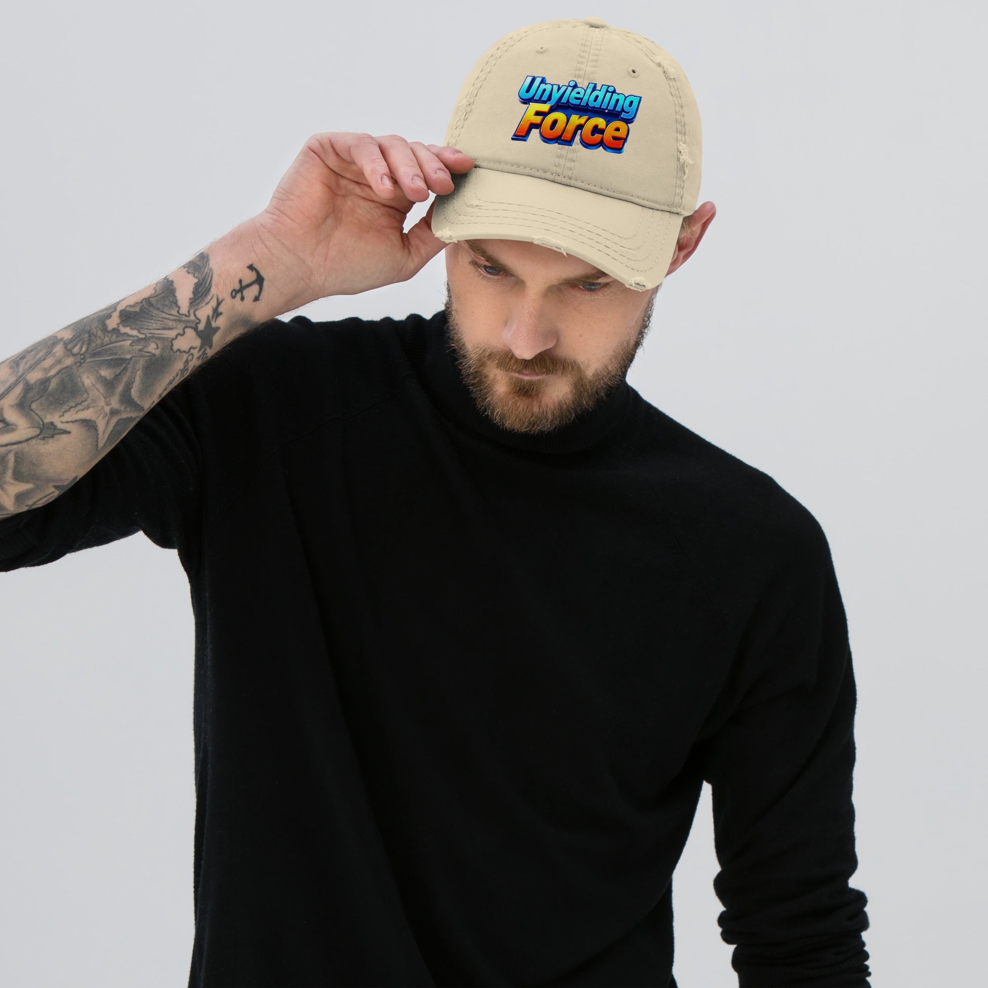 Distressed Dad Hat - Unyielding Force Distressed Dad Hat – Glow Power Vintage Cap by printfluence.net