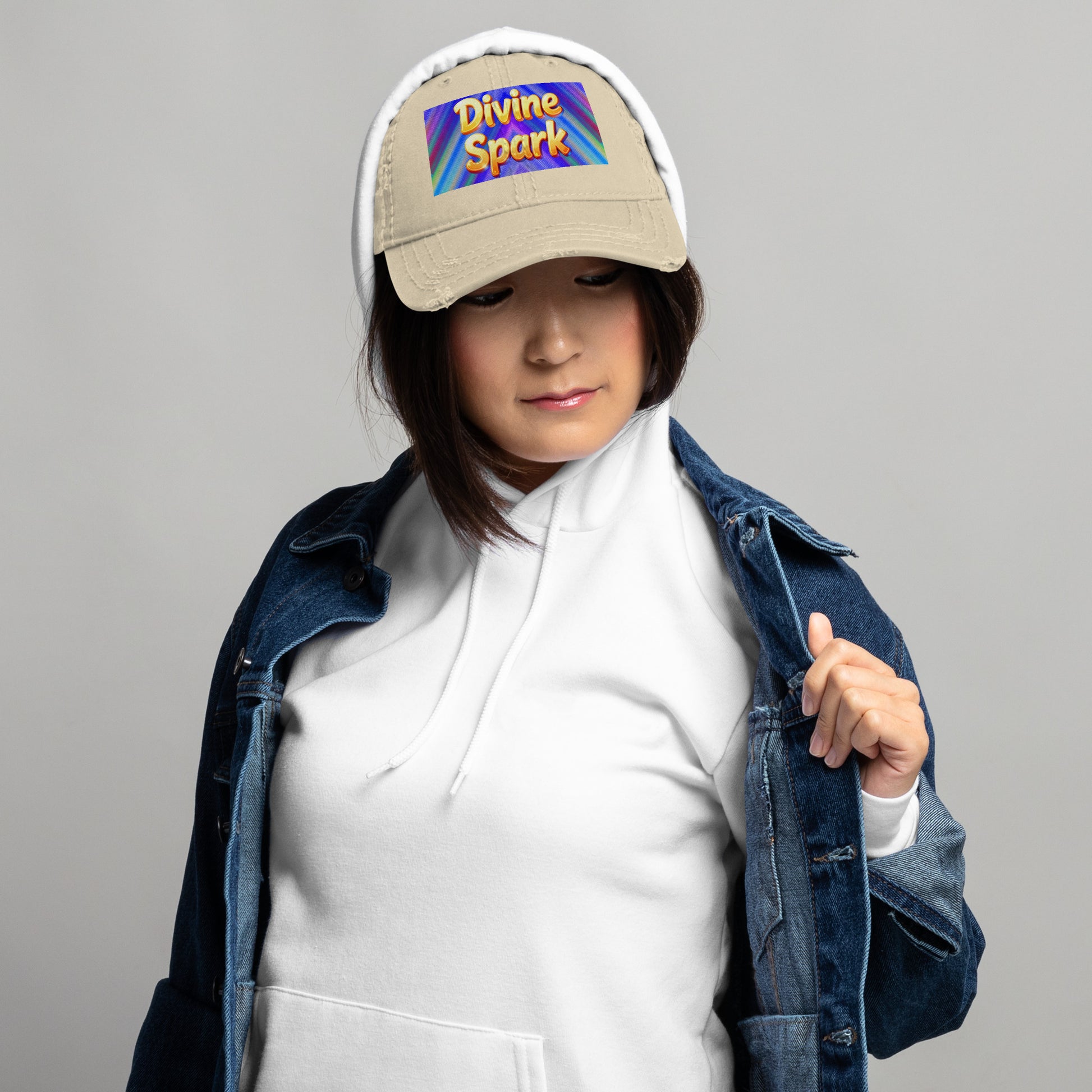 Distressed Dad Hat - Divine Spark Dad Hat – Shiny Yellow Glow on Colorful Lines Cap by printfluence.net