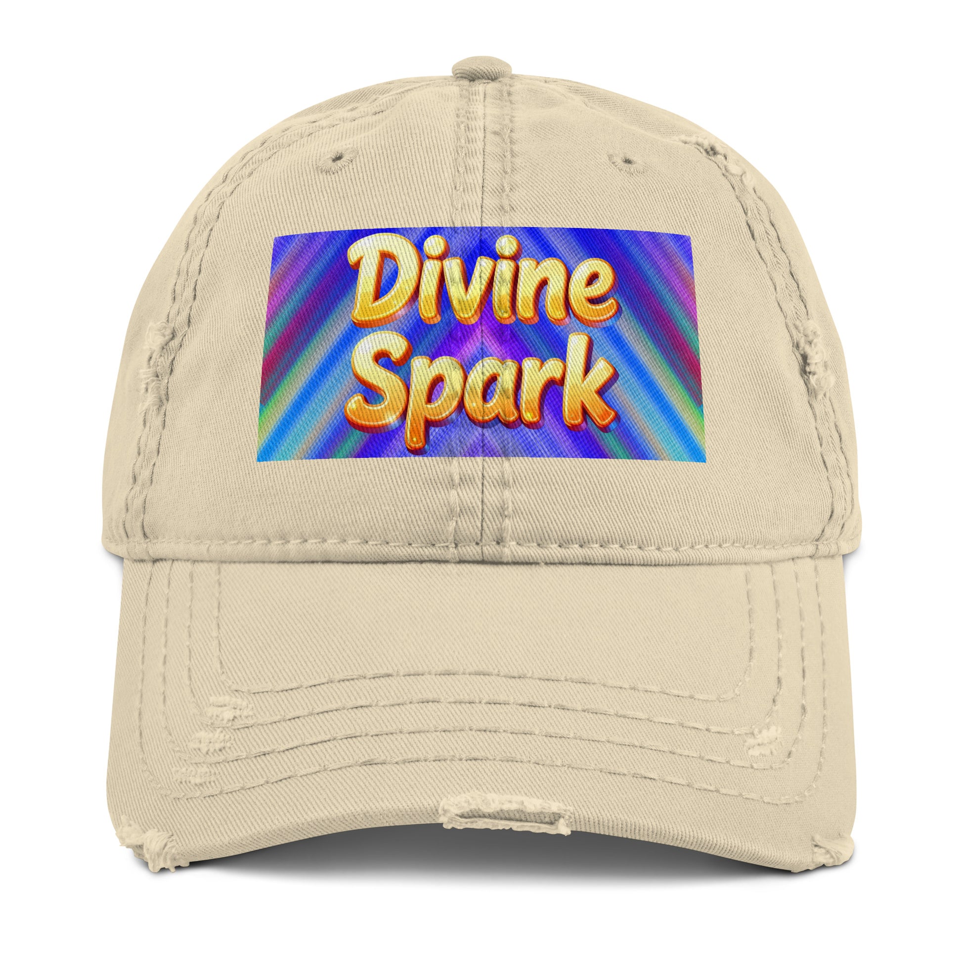 Distressed Dad Hat - Divine Spark Dad Hat – Shiny Yellow Glow on Colorful Lines Cap by printfluence.net