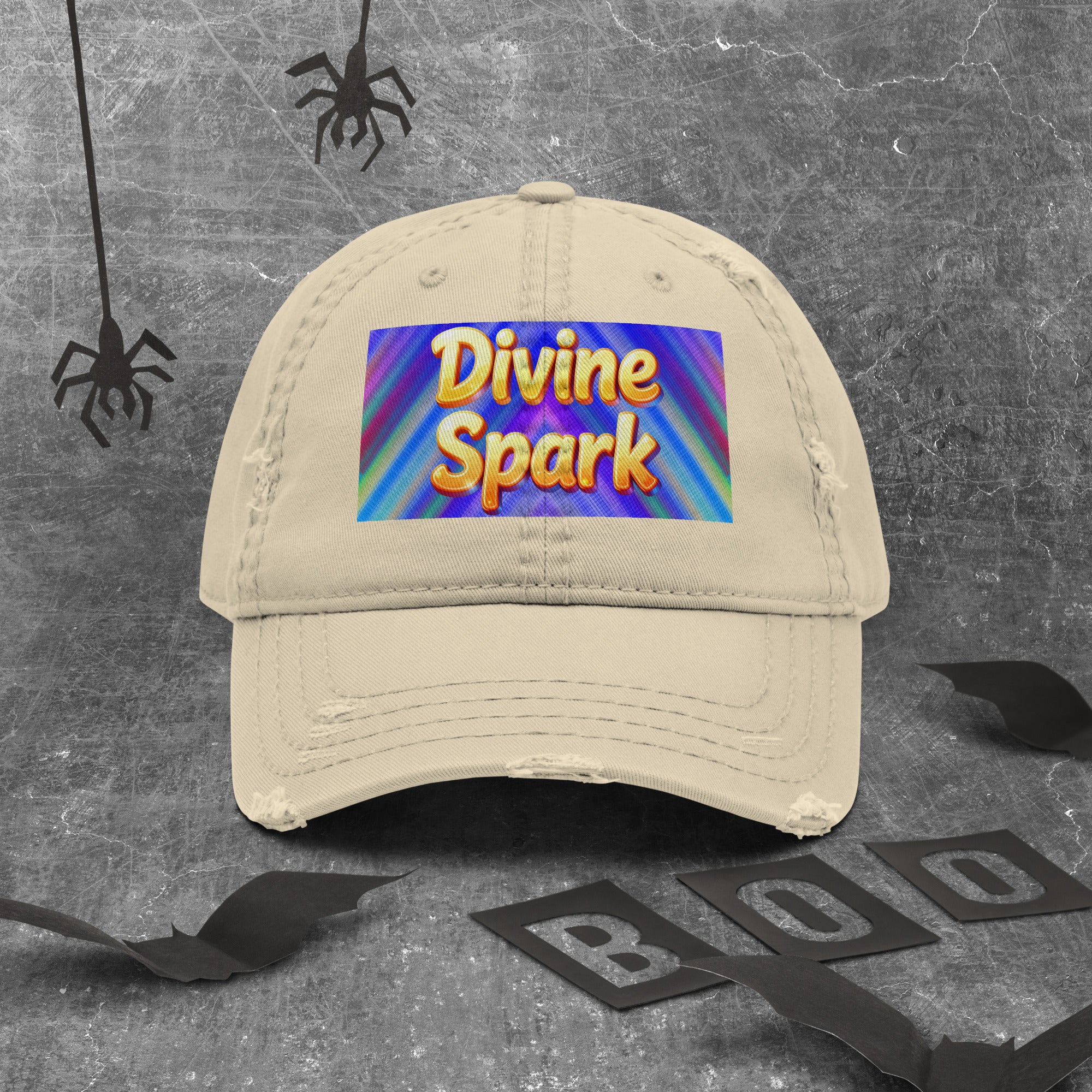 Distressed Dad Hat - Divine Spark Dad Hat – Shiny Yellow Glow on Colorful Lines Cap by printfluence.net