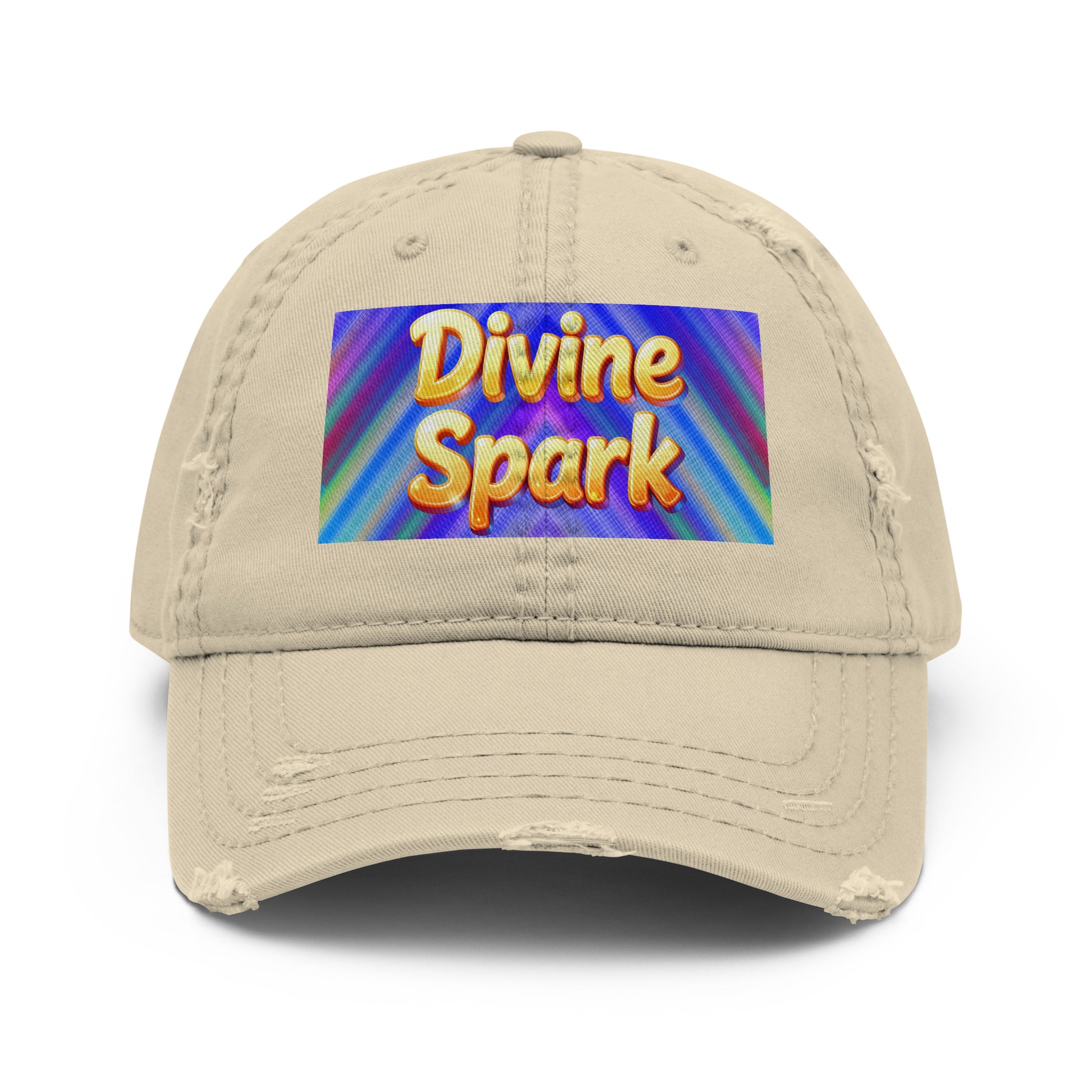 Distressed Dad Hat - Divine Spark Dad Hat – Shiny Yellow Glow on Colorful Lines Cap by printfluence.net
