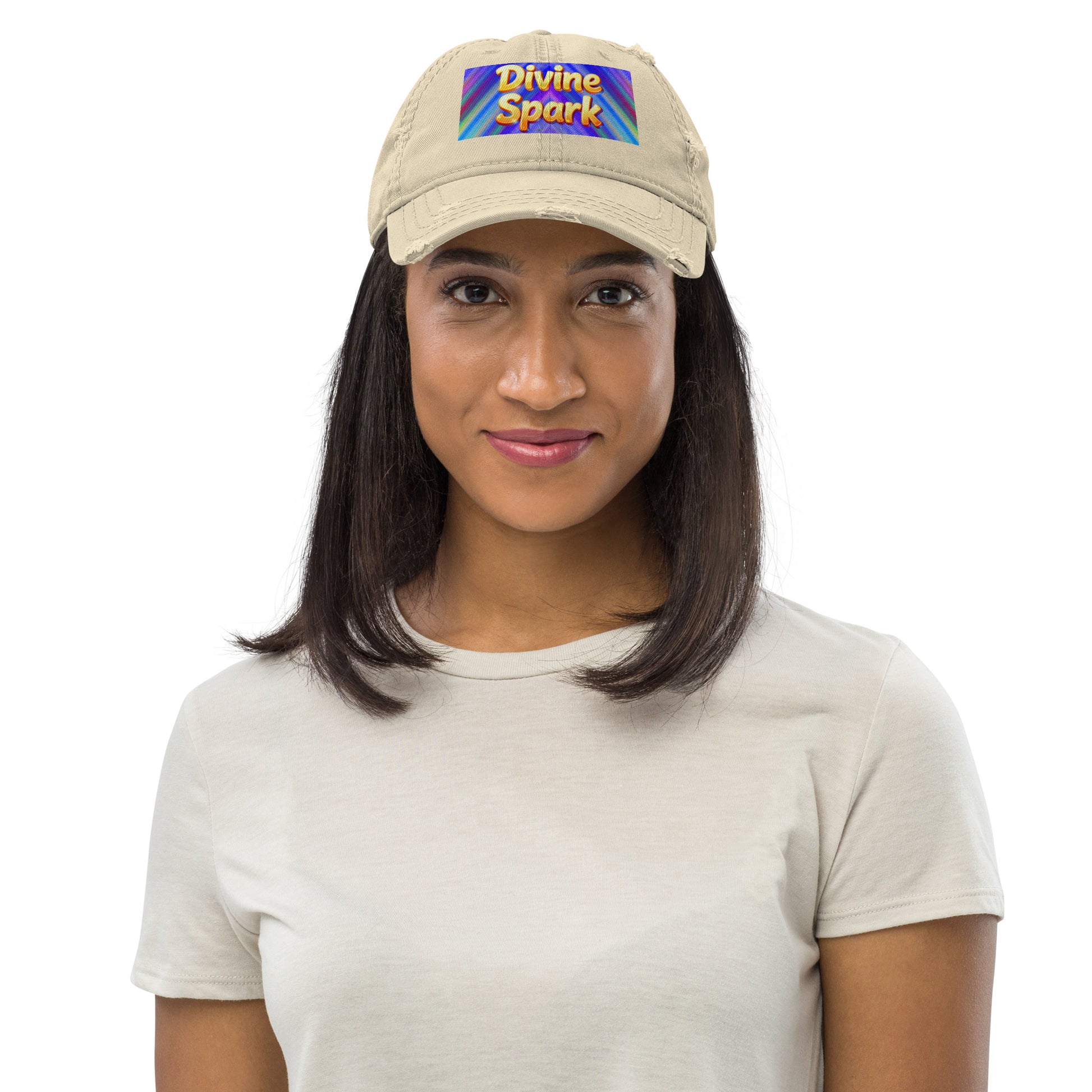 Distressed Dad Hat - Divine Spark Dad Hat – Shiny Yellow Glow on Colorful Lines Cap by printfluence.net