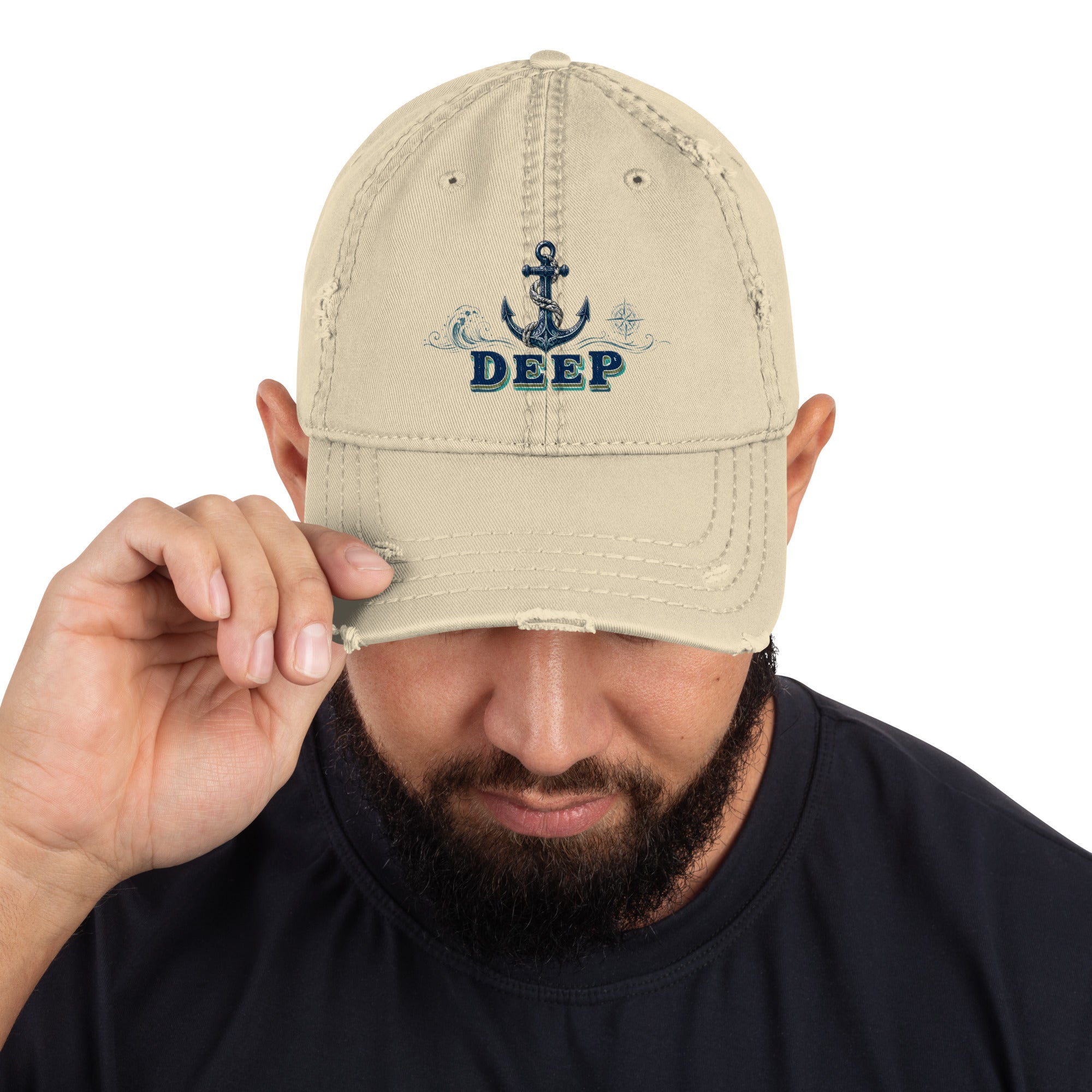 Fishing Lovers 100% Cotton Distressed Dad Hat with Vintage Anchor and Waves "Deep" Design by printfluence.net