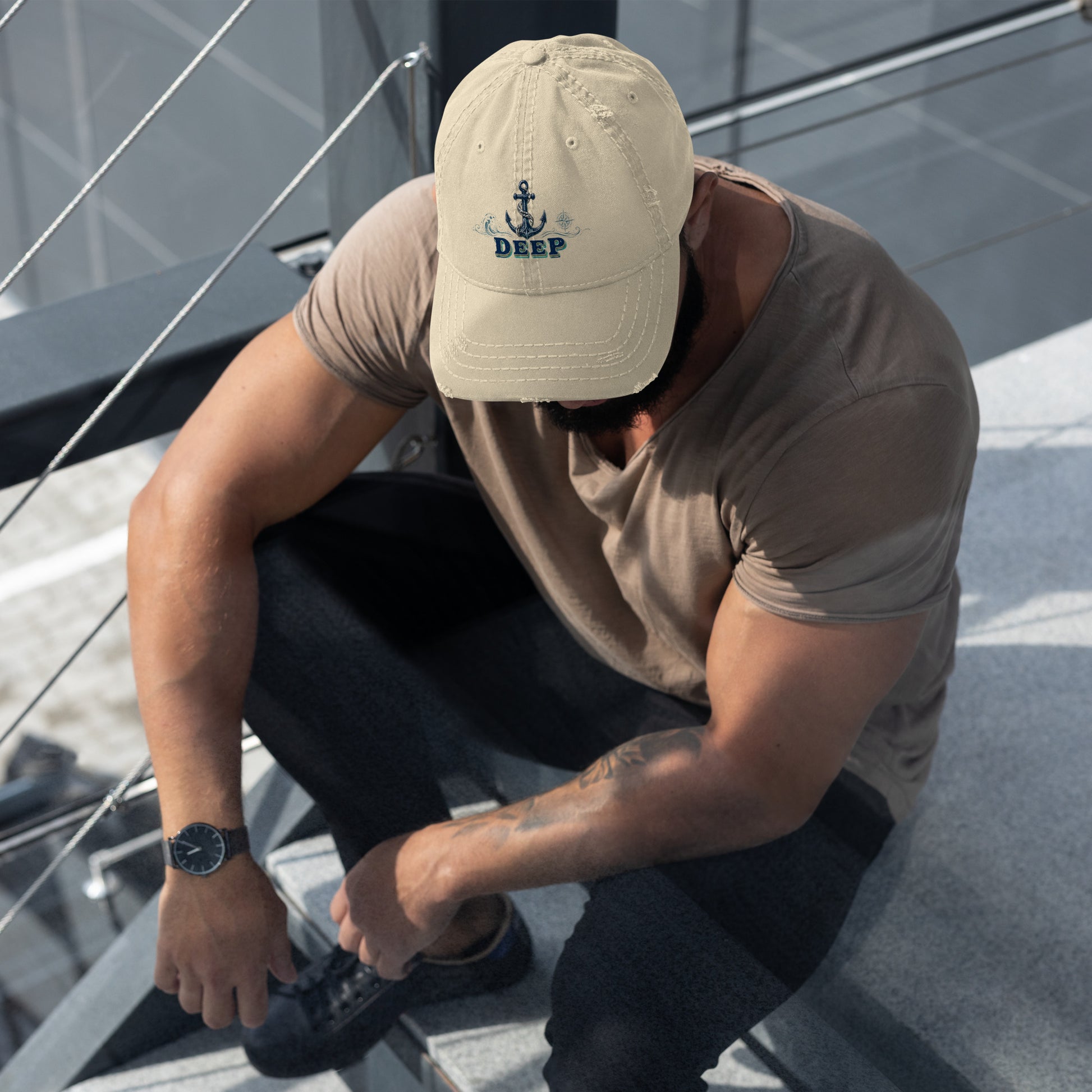 Fishing Lovers 100% Cotton Distressed Dad Hat with Vintage Anchor and Waves "Deep" Design by printfluence.net