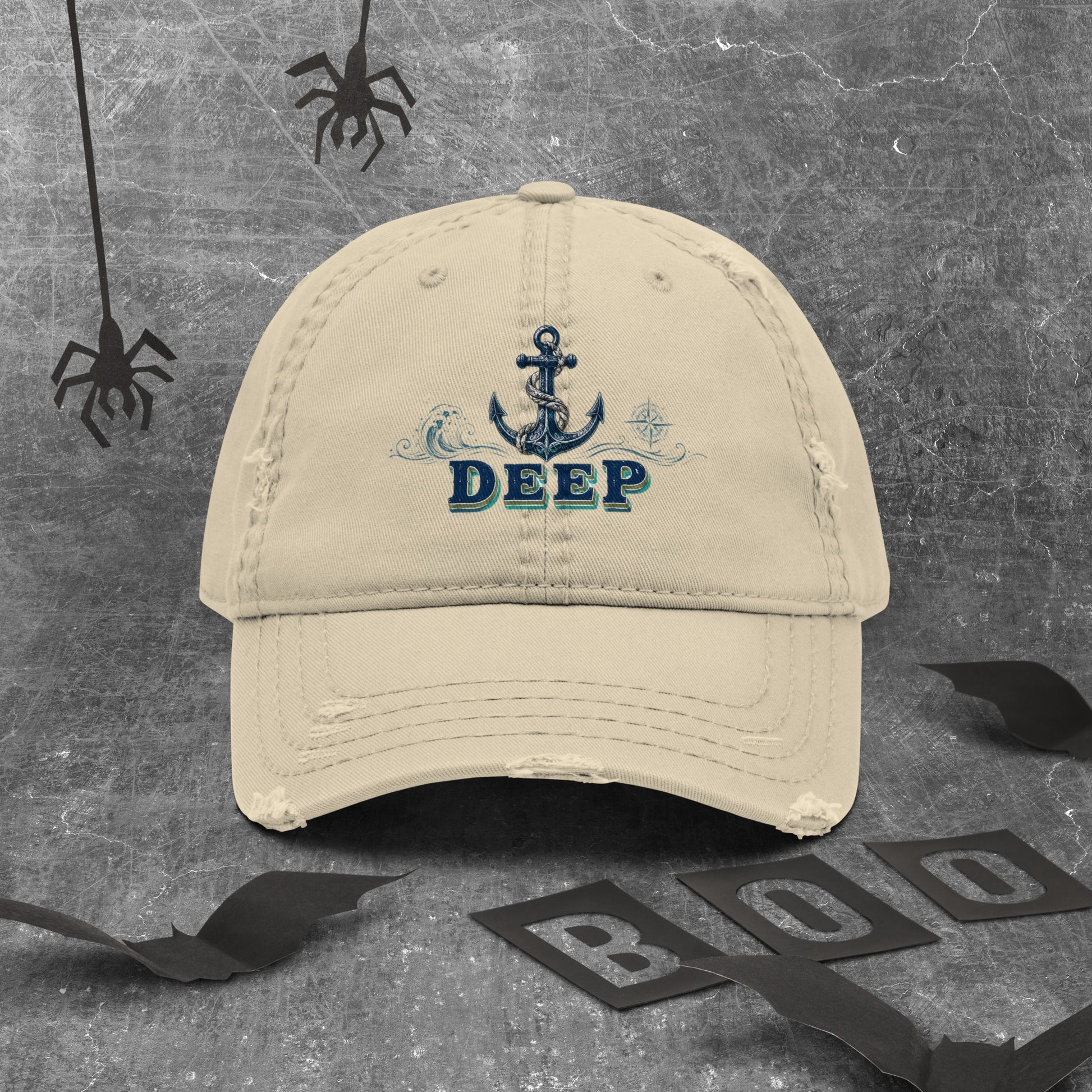 Fishing Lovers 100% Cotton Distressed Dad Hat with Vintage Anchor and Waves "Deep" Design by printfluence.net
