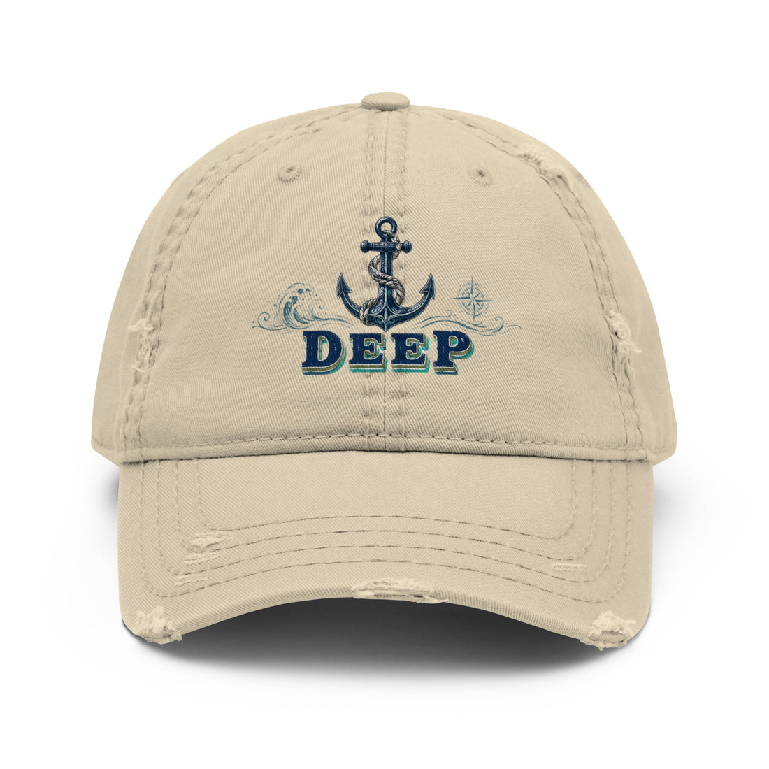 Fishing Lovers 100% Cotton Distressed Dad Hat with Vintage Anchor and Waves "Deep" Design by printfluence.net