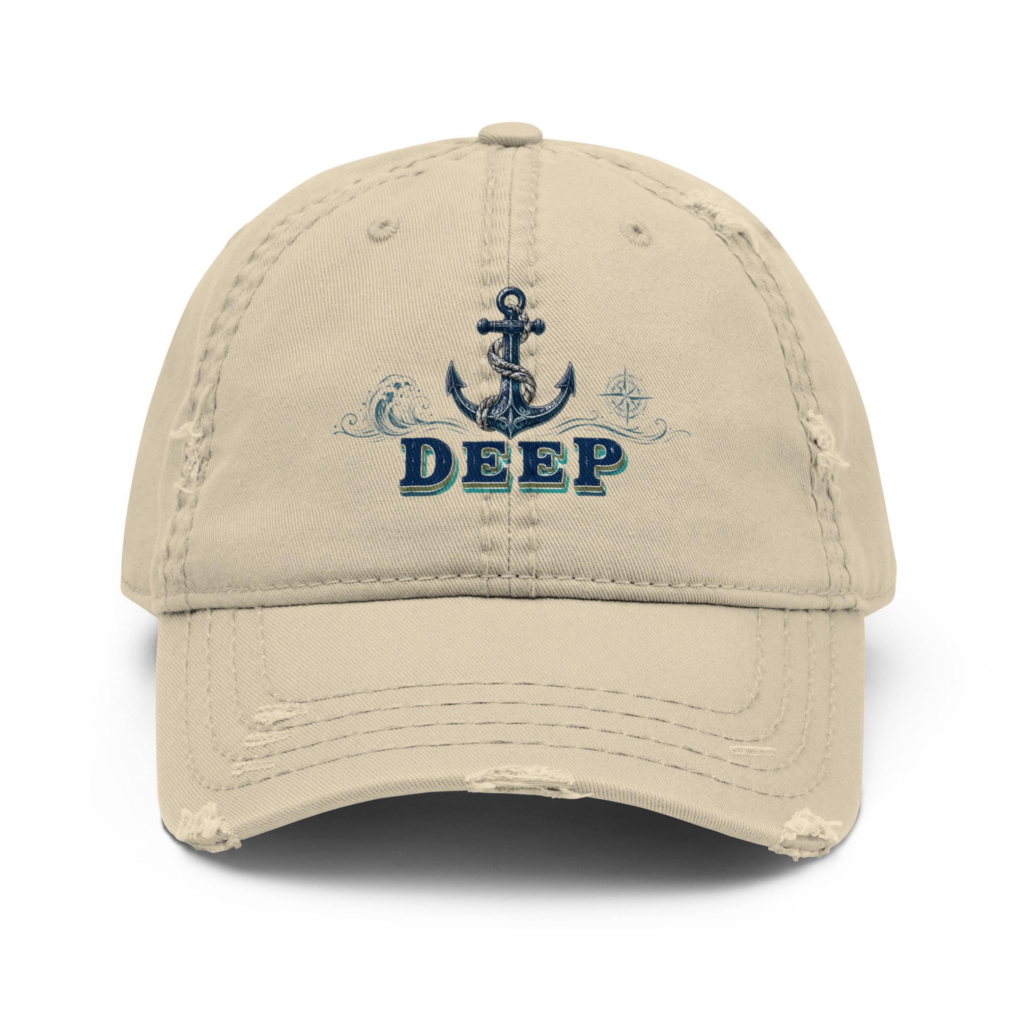 Fishing Lovers 100% Cotton Distressed Dad Hat with Vintage Anchor and Waves "Deep" Design by printfluence.net