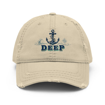 Fishing Lovers 100% Cotton Distressed Dad Hat with Vintage Anchor and Waves "Deep" Design by printfluence.net