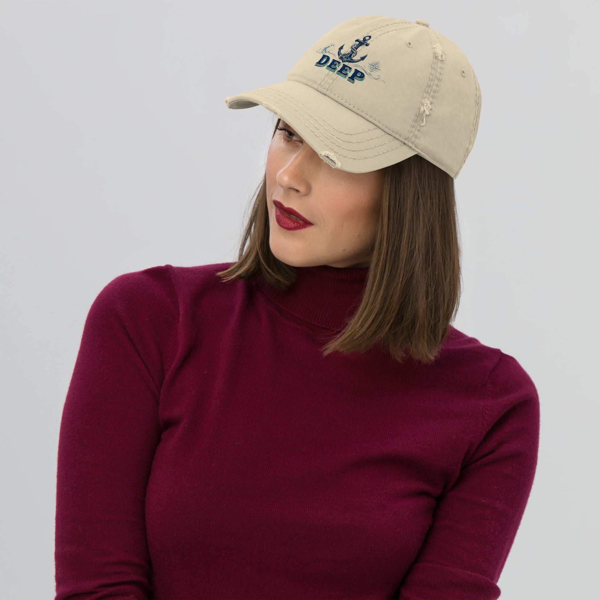 Fishing Lovers 100% Cotton Distressed Dad Hat with Vintage Anchor and Waves "Deep" Design by printfluence.net