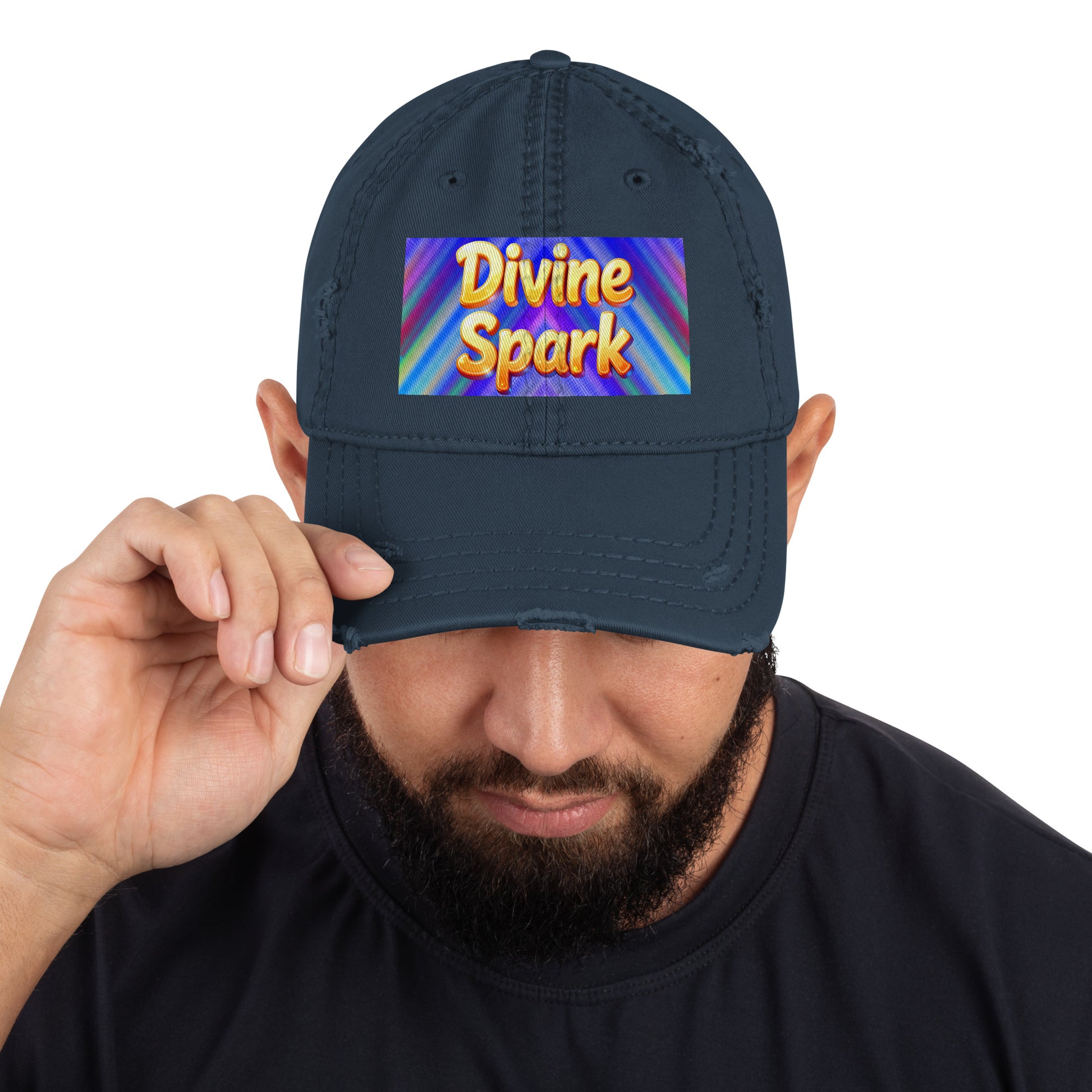 Distressed Dad Hat - Divine Spark Dad Hat – Shiny Yellow Glow on Colorful Lines Cap by printfluence.net