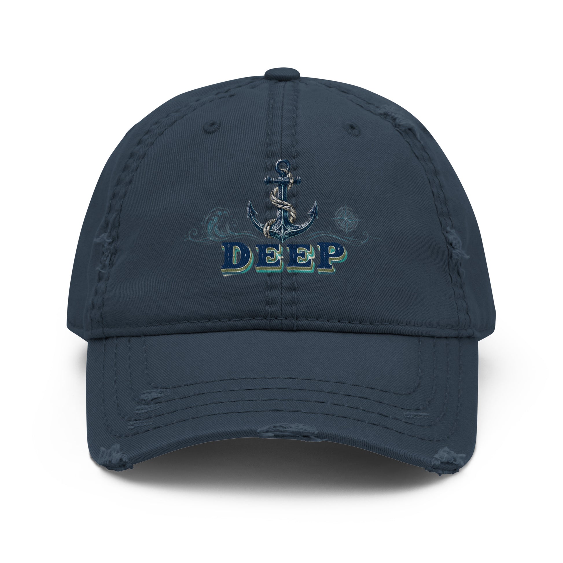 Fishing Lovers 100% Cotton Distressed Dad Hat with Vintage Anchor and Waves "Deep" Design by printfluence.net