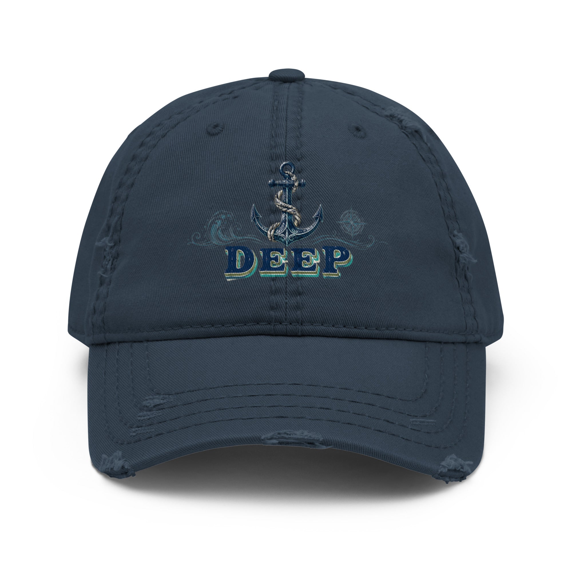 Fishing Lovers 100% Cotton Distressed Dad Hat with Vintage Anchor and Waves "Deep" Design by printfluence.net