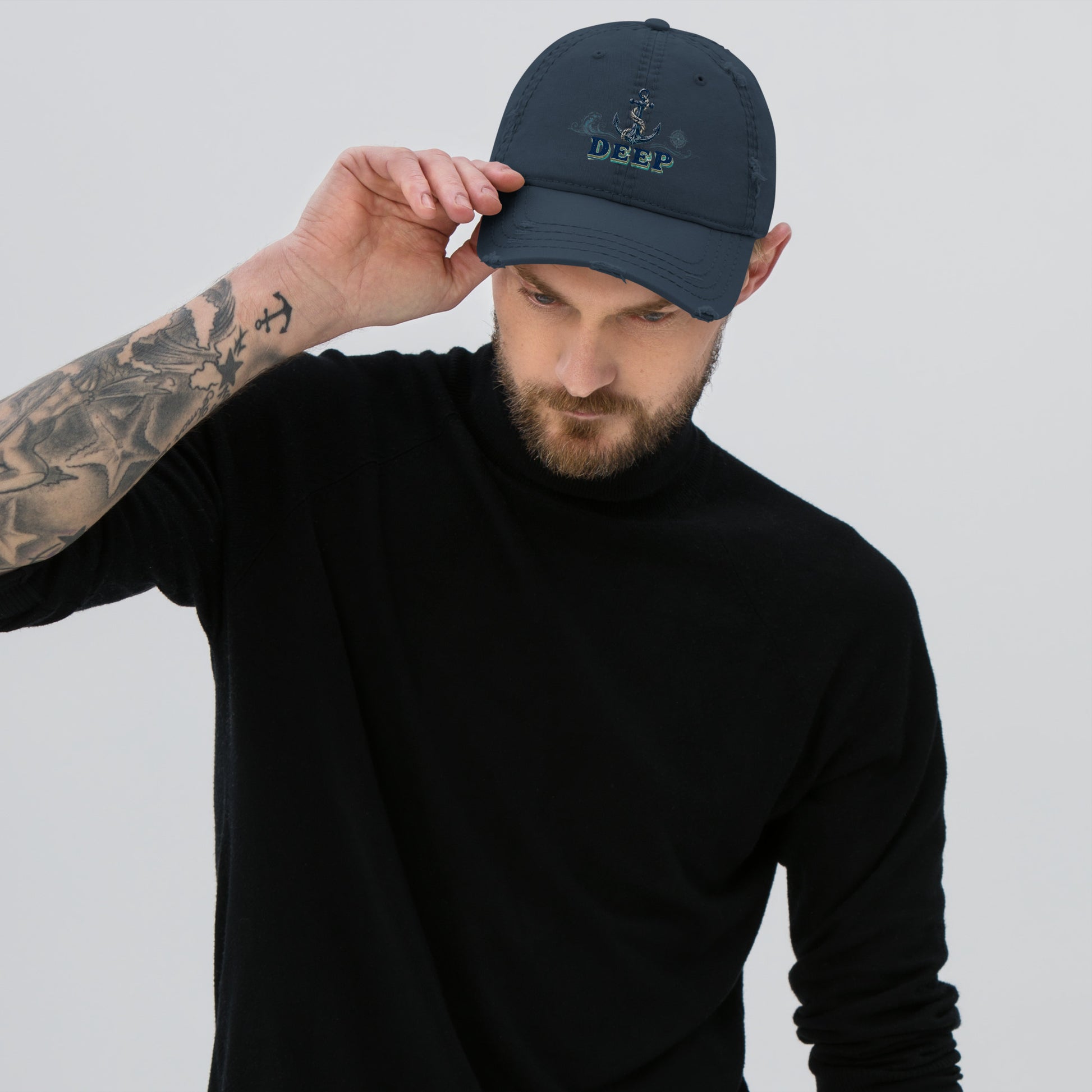 Fishing Lovers 100% Cotton Distressed Dad Hat with Vintage Anchor and Waves "Deep" Design by printfluence.net