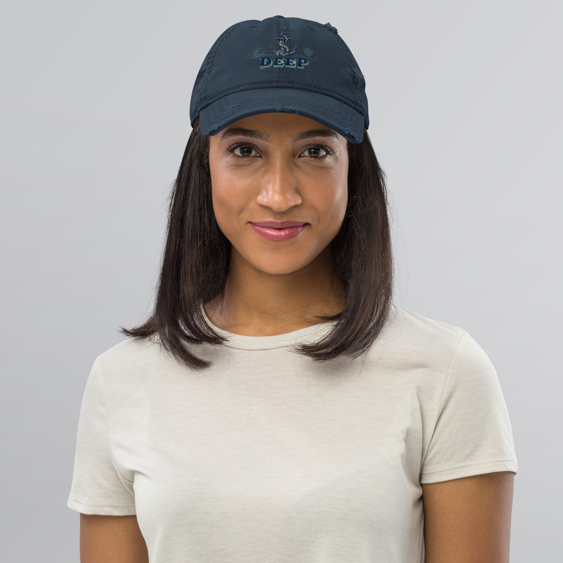 Fishing Lovers 100% Cotton Distressed Dad Hat with Vintage Anchor and Waves "Deep" Design by printfluence.net