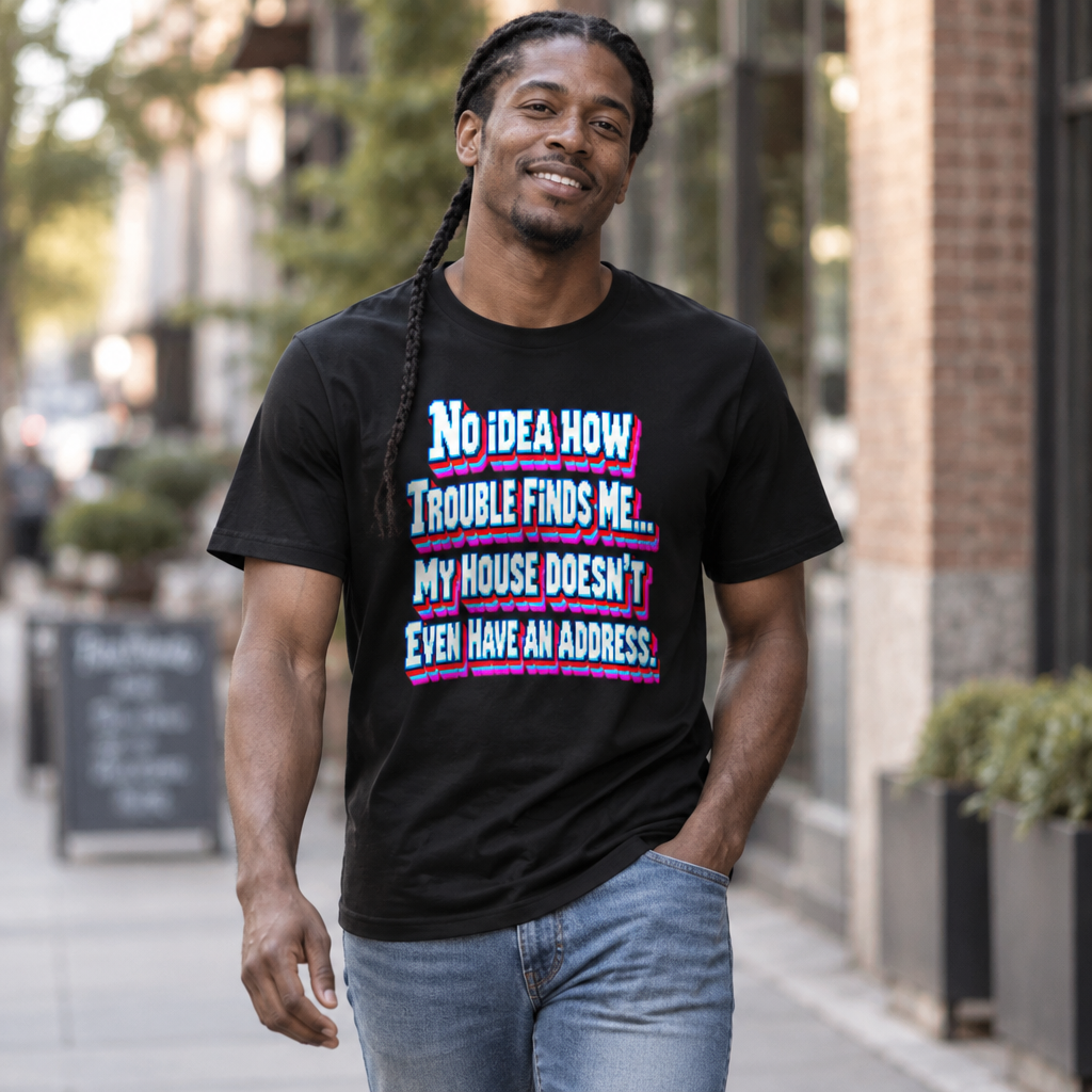 Sarcastic Humor Lovers | Unisex Organic Cotton Creator 2.0 T-Shirt — No Idea How Trouble Finds Me... My House Doesn’t Even Have An Address. by printfluence