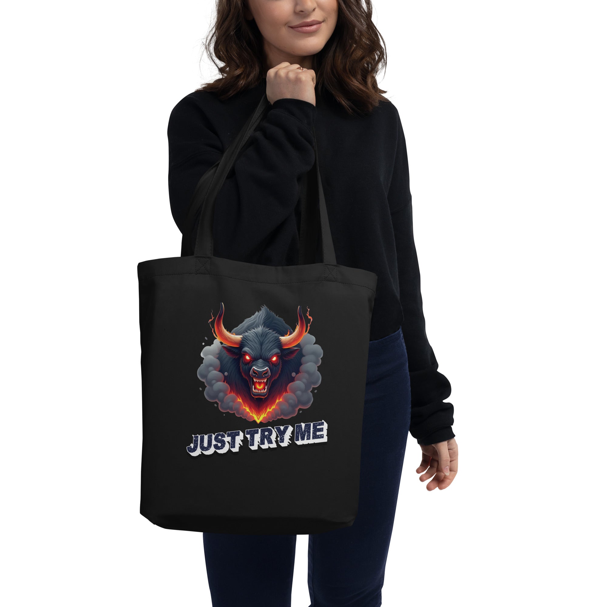 Eco Tote Bag - Just Try Me Bull Eco Tote Bag – Fearless Power for Elite Warriors by printfluence.net