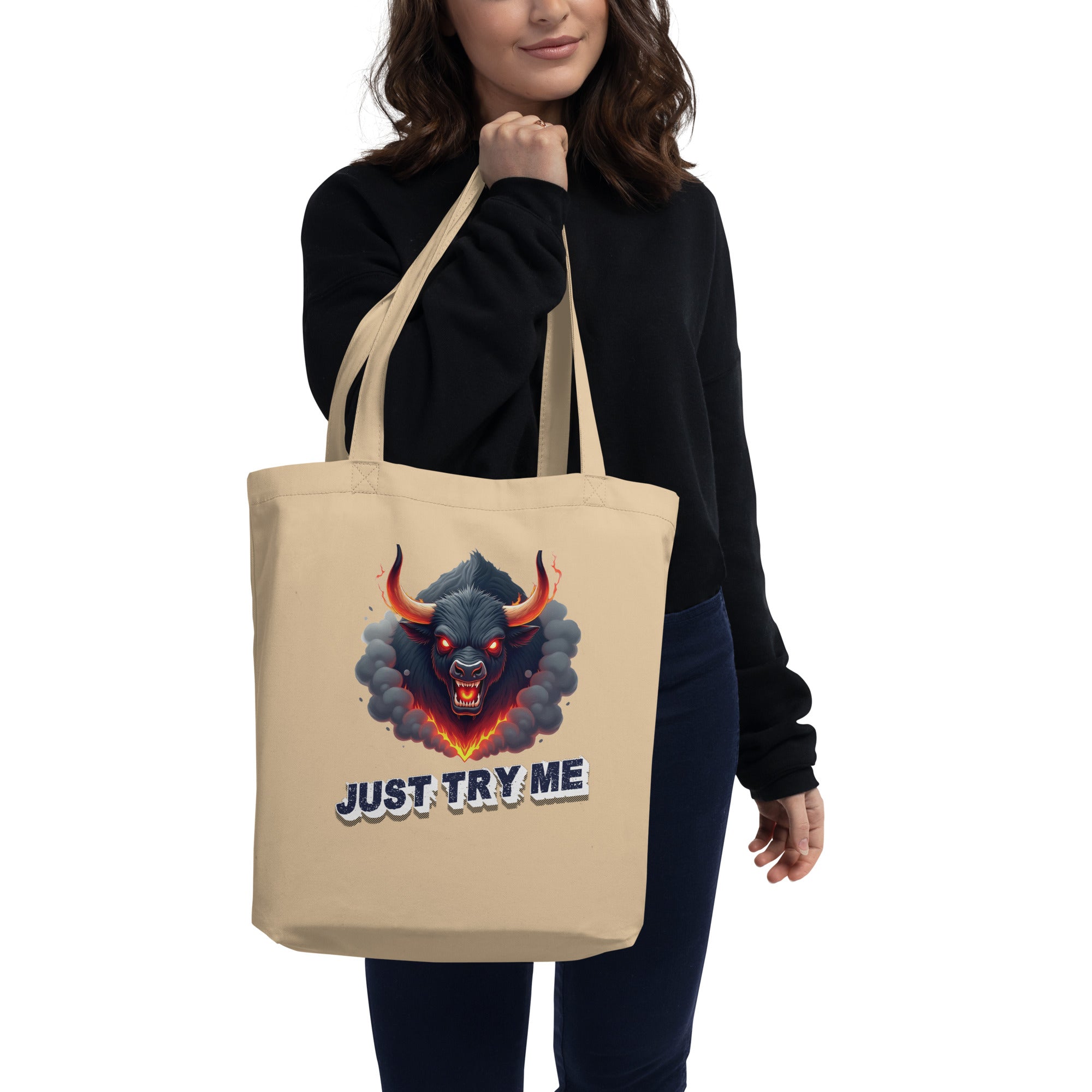 Eco Tote Bag - Just Try Me Bull Eco Tote Bag – Fearless Power for Elite Warriors by printfluence.net