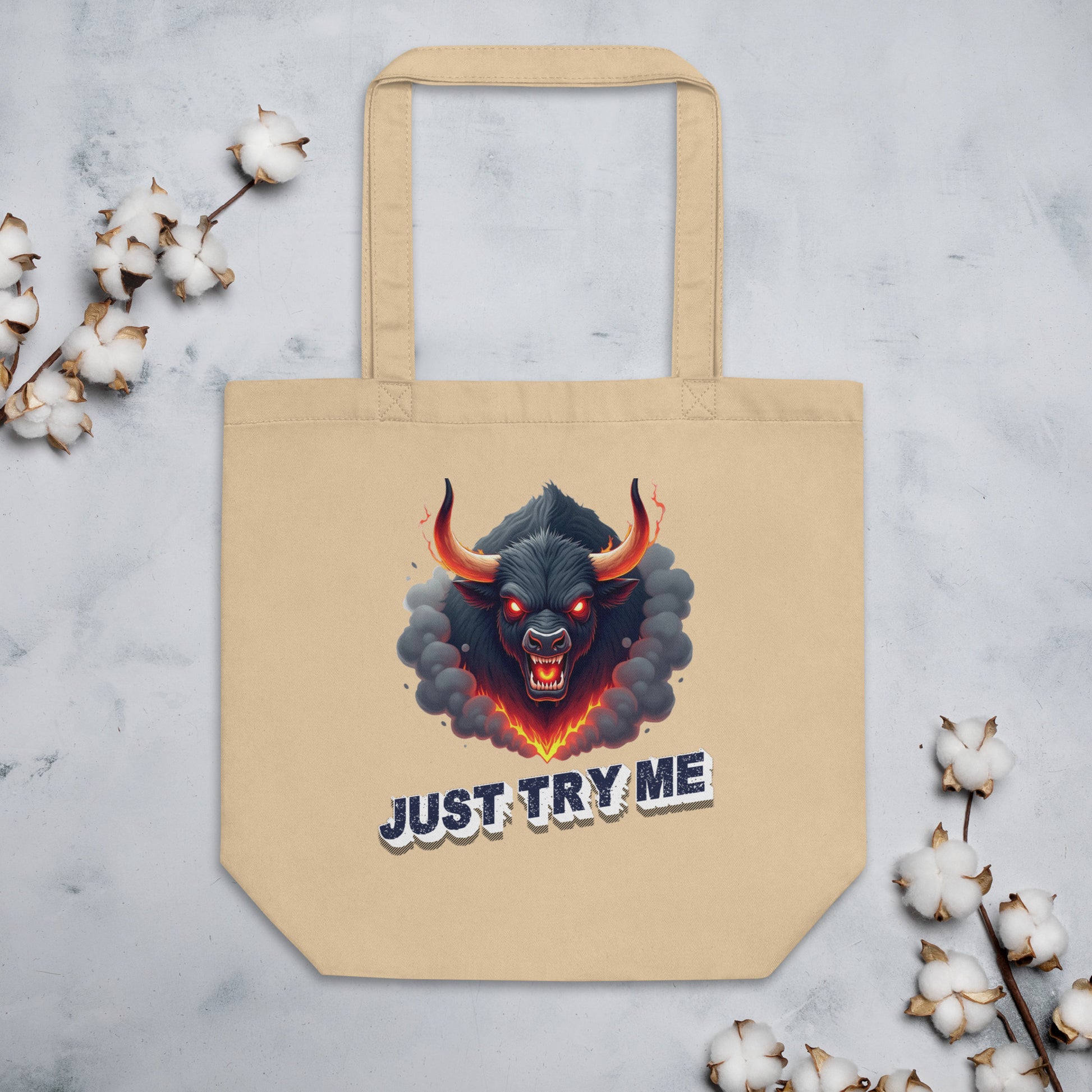 Eco Tote Bag - Just Try Me Bull Eco Tote Bag – Fearless Power for Elite Warriors by printfluence.net