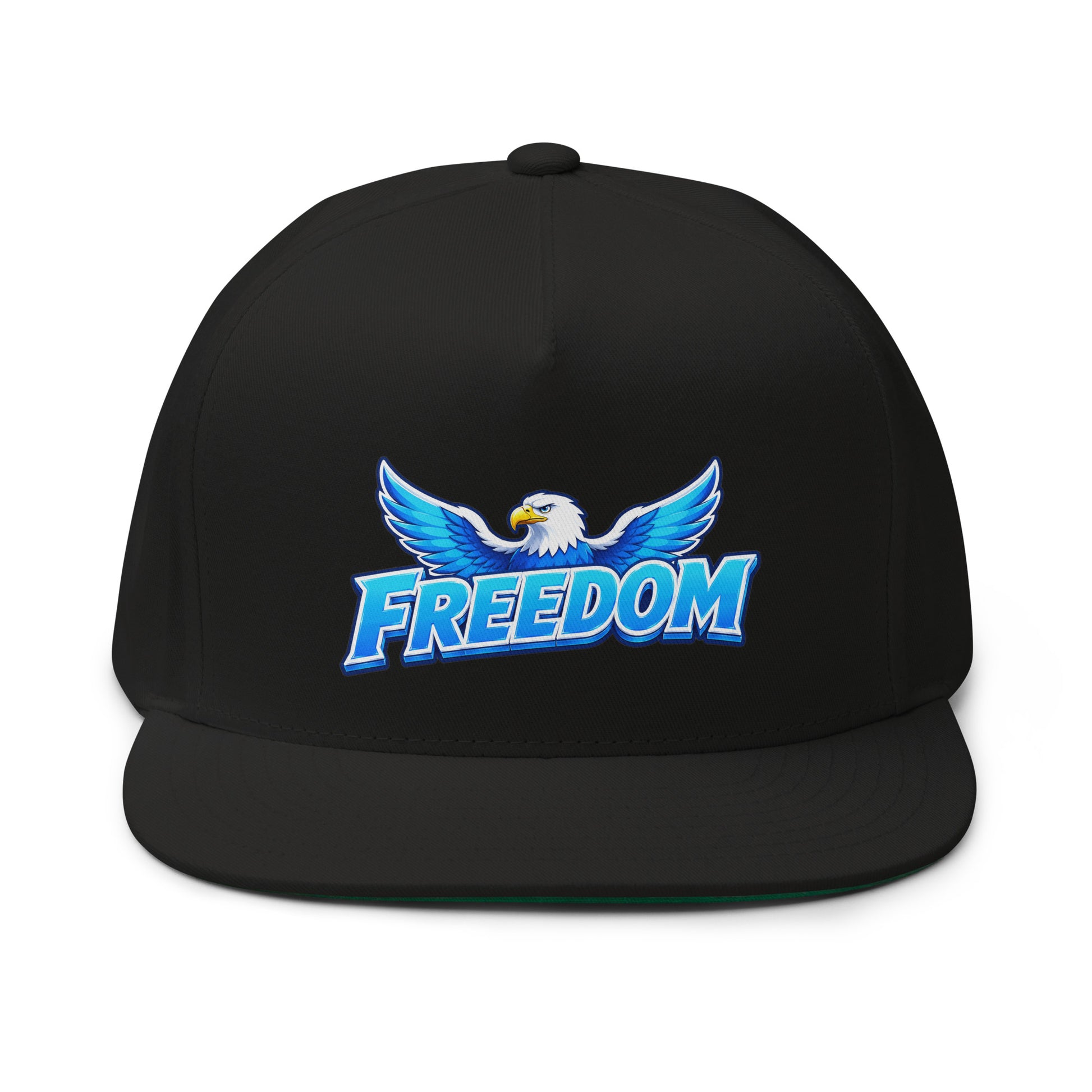 Flat Bill Cap - Majestic Soaring Eagle Freedom - Premium Electric Blue Sky Graphic Design by printfluence.net