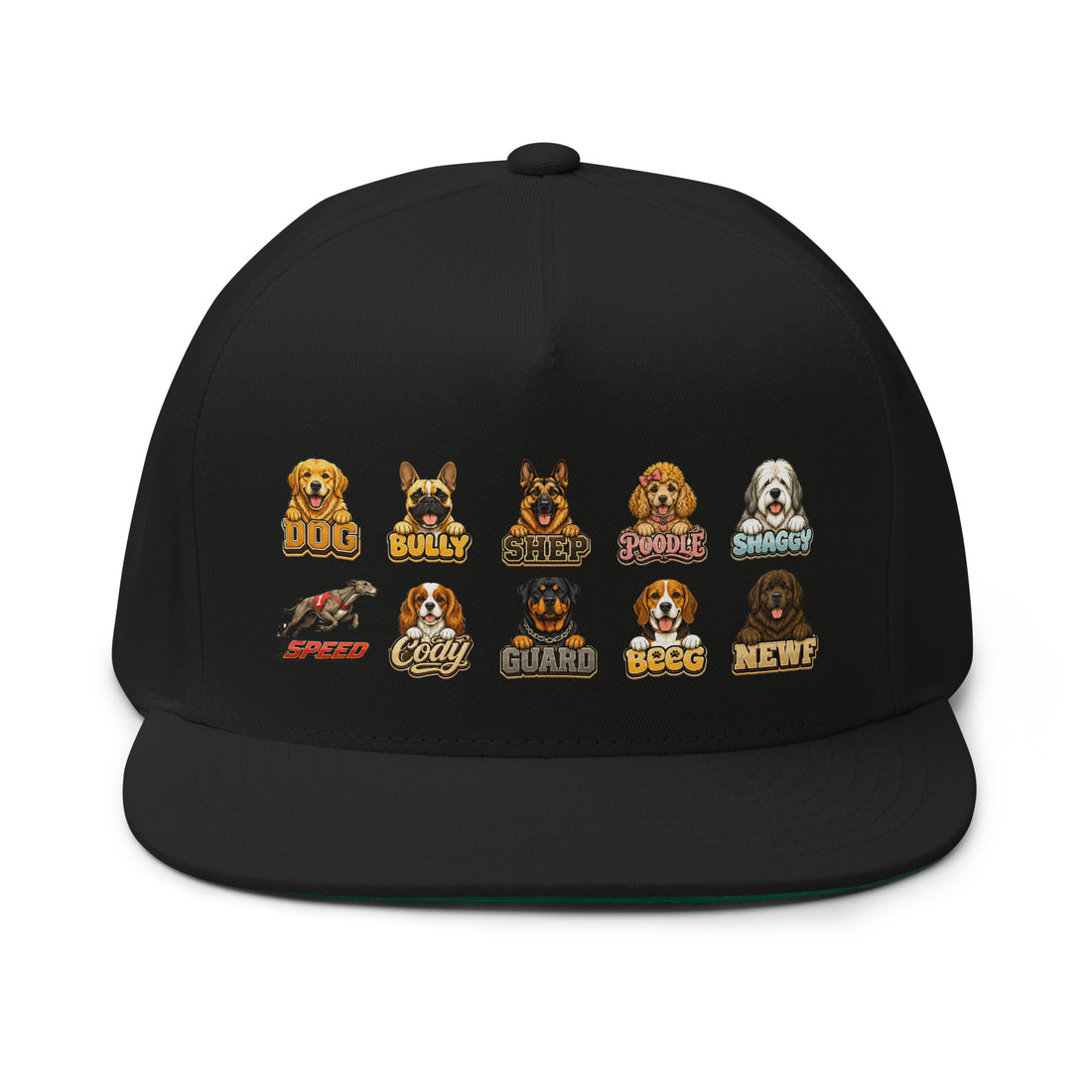Multi-Breed Dog Badge Flat Bill Cap - Cute Canine Emblem Streetwear Hat for Dog Lovers by printfluence.net