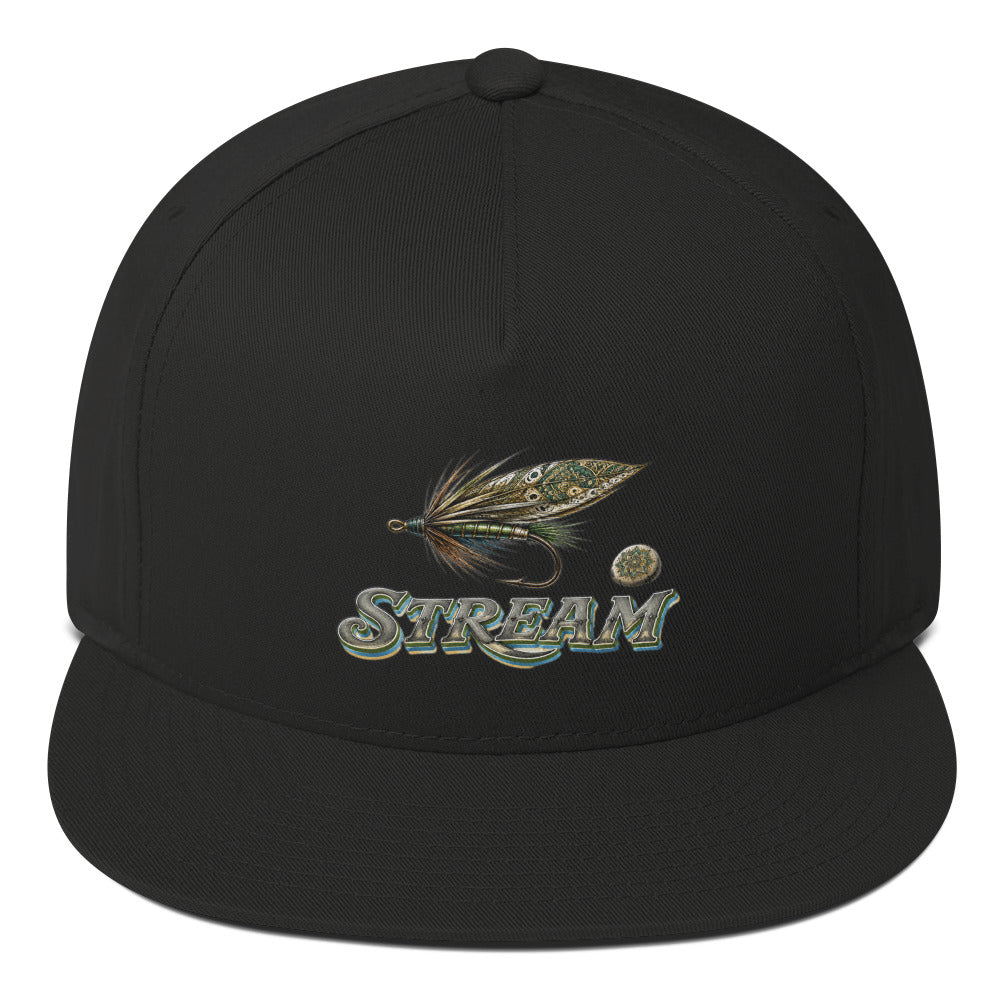 Fishing Lovers Structured Wool Blend Flat Bill Cap with Vintage Feather Fly Fishing and "STREAM" Design by printfluence.net