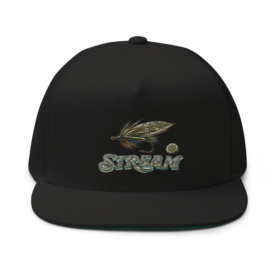 Fishing Lovers Structured Wool Blend Flat Bill Cap with Vintage Feather Fly Fishing and "STREAM" Design by printfluence.net