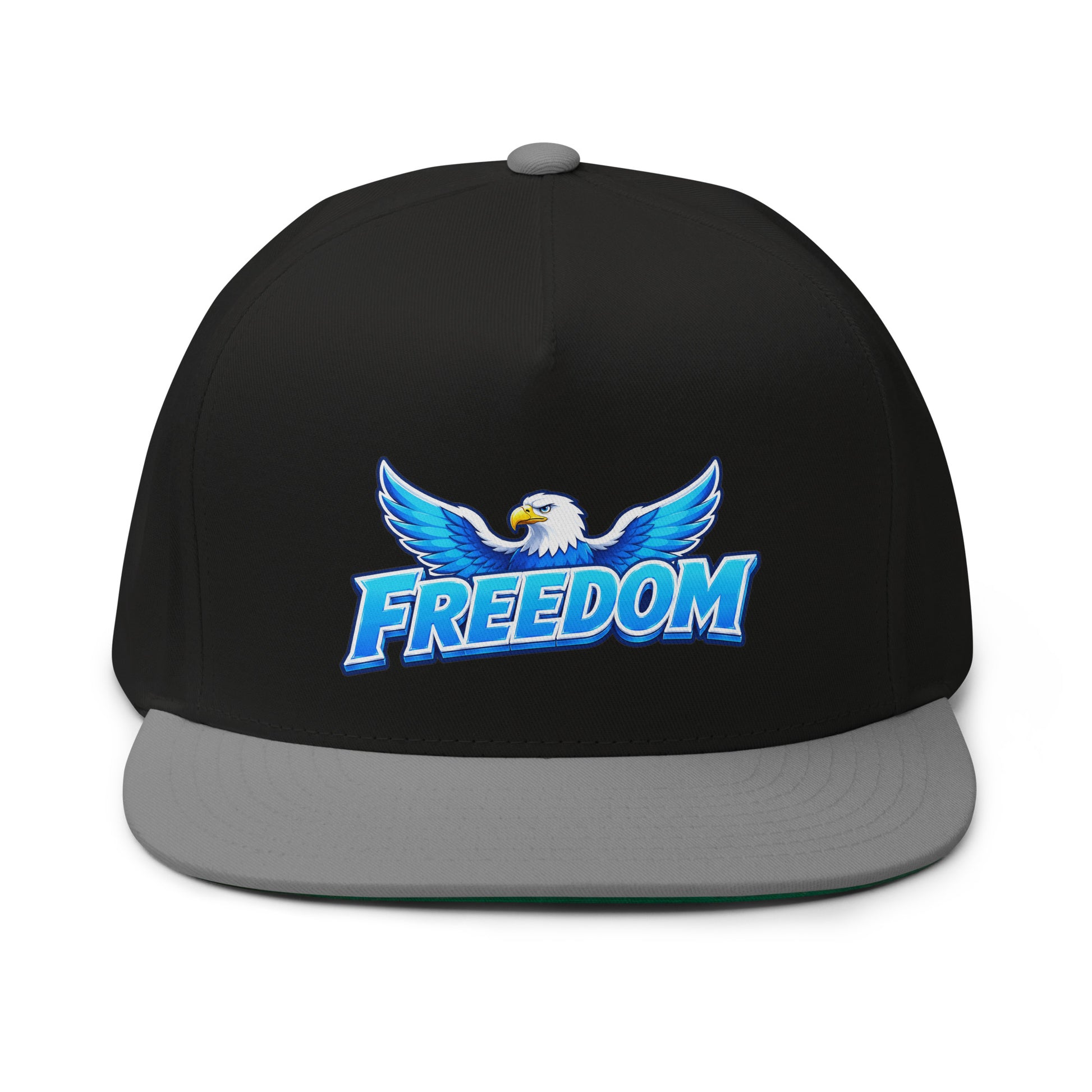 Flat Bill Cap - Majestic Soaring Eagle Freedom - Premium Electric Blue Sky Graphic Design by printfluence.net