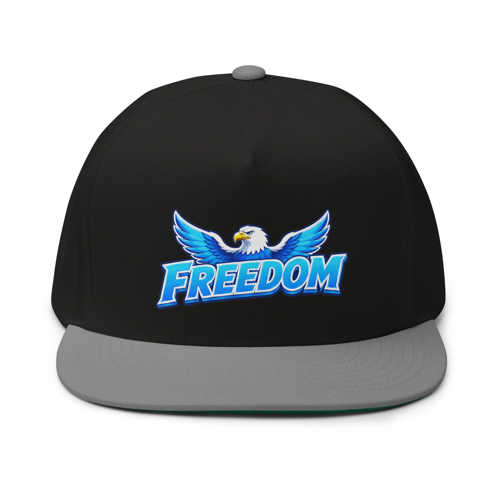 Flat Bill Cap - Majestic Soaring Eagle Freedom - Premium Electric Blue Sky Graphic Design by printfluence.net
