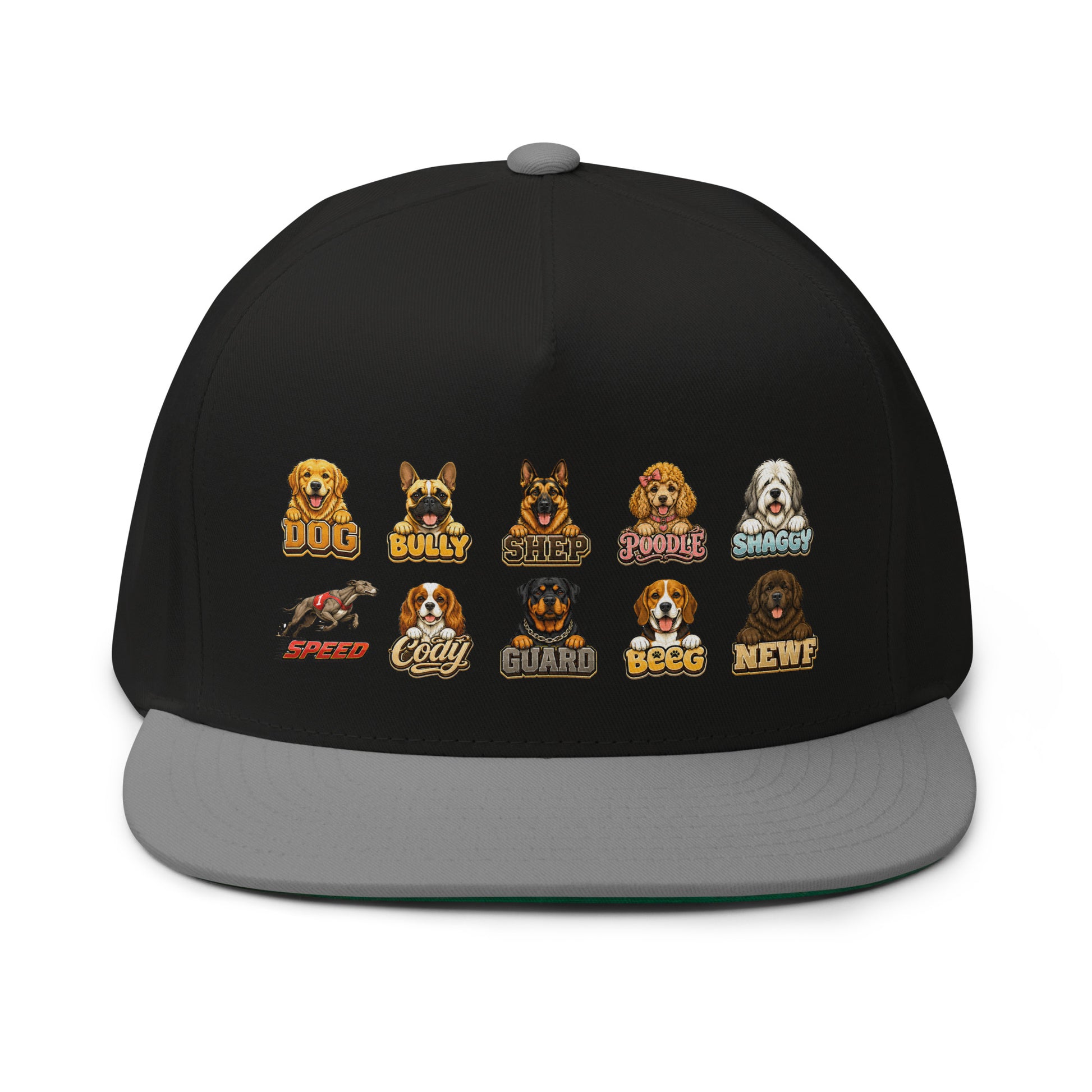 Multi-Breed Dog Badge Flat Bill Cap - Cute Canine Emblem Streetwear Hat for Dog Lovers by printfluence.net