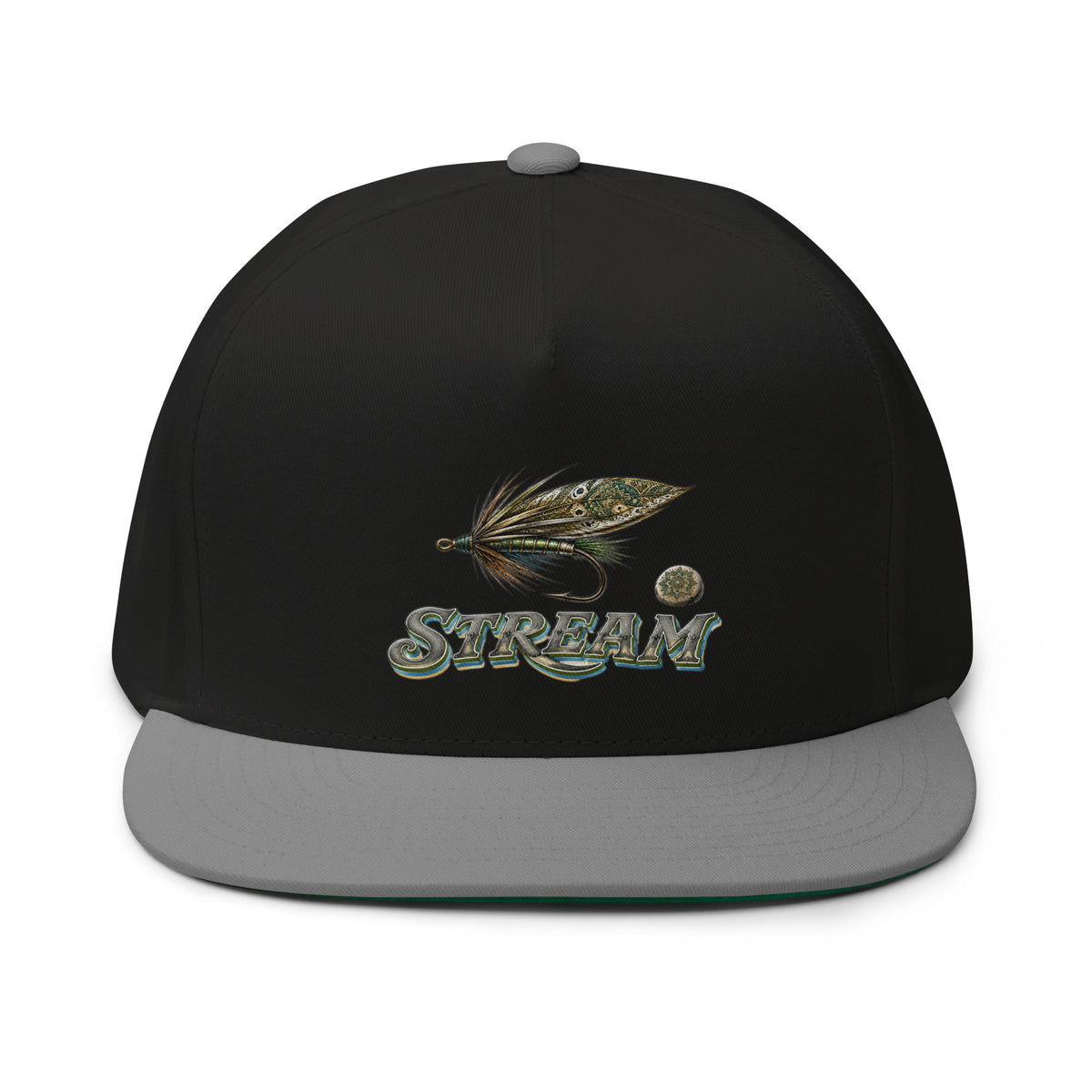 Fishing Lovers Structured Wool Blend Flat Bill Cap with Vintage Feather Fly Fishing and "STREAM" Design by printfluence.net