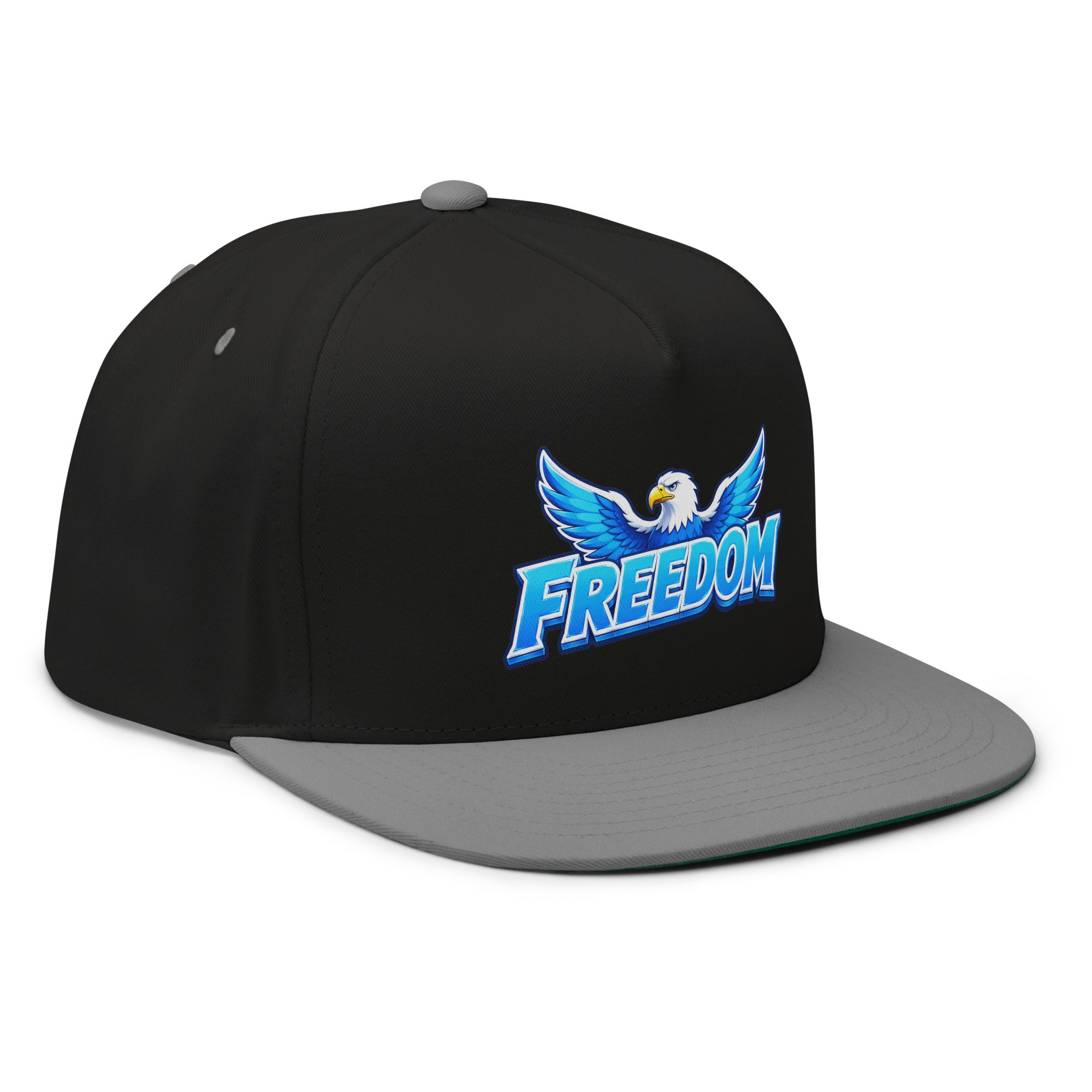 Flat Bill Cap - Majestic Soaring Eagle Freedom - Premium Electric Blue Sky Graphic Design by printfluence.net