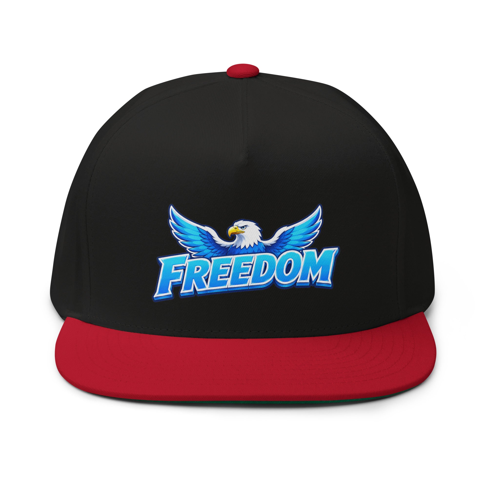 Flat Bill Cap - Majestic Soaring Eagle Freedom - Premium Electric Blue Sky Graphic Design by printfluence.net