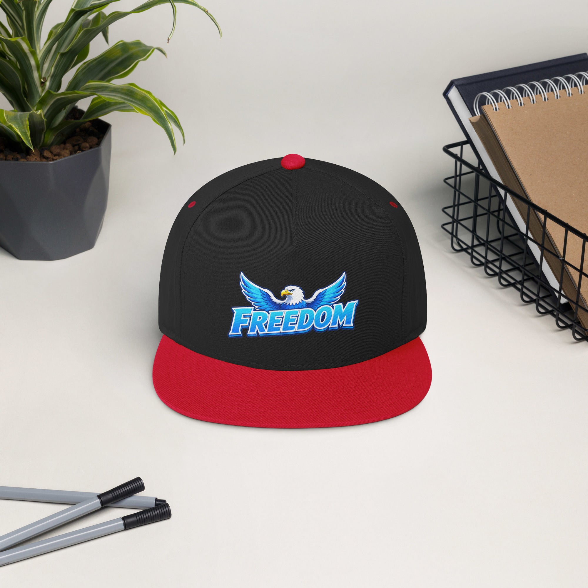 Flat Bill Cap - Majestic Soaring Eagle Freedom - Premium Electric Blue Sky Graphic Design by printfluence.net