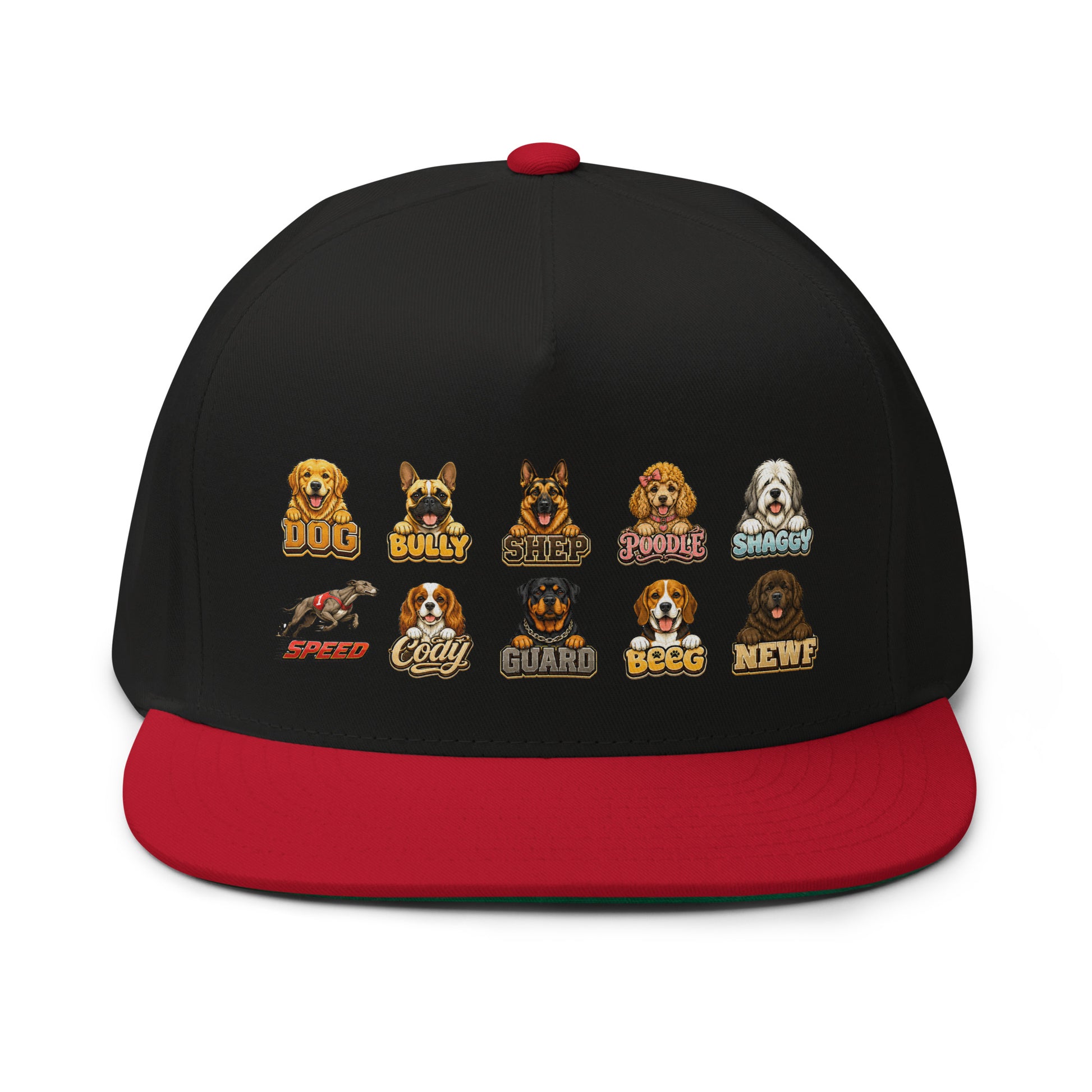 Multi-Breed Dog Badge Flat Bill Cap - Cute Canine Emblem Streetwear Hat for Dog Lovers by printfluence.net