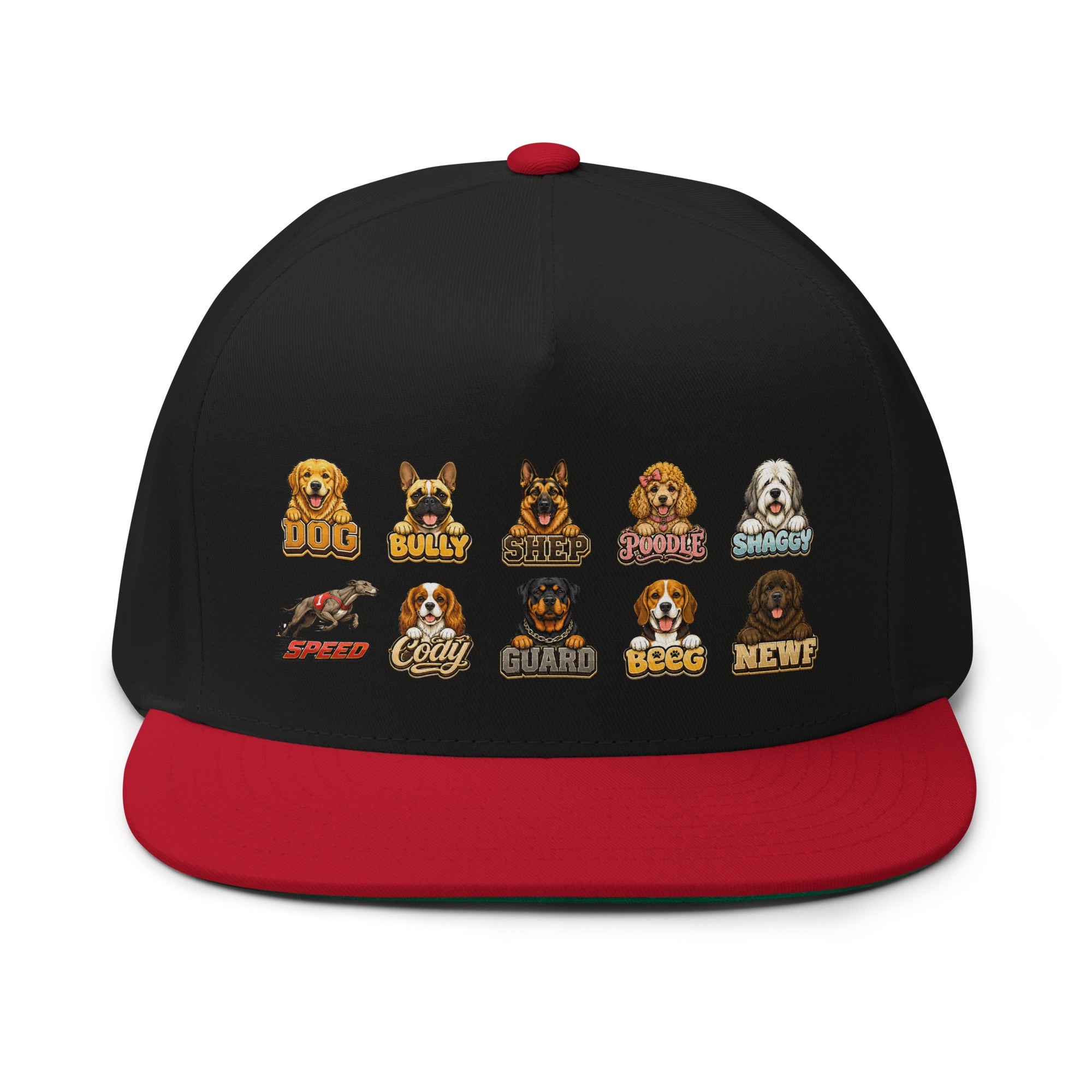 Multi-Breed Dog Badge Flat Bill Cap - Cute Canine Emblem Streetwear Hat for Dog Lovers by printfluence.net