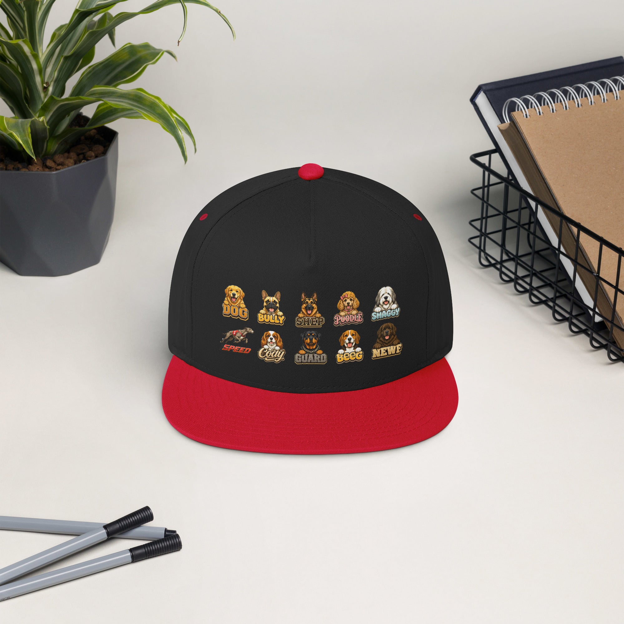 Multi-Breed Dog Badge Flat Bill Cap - Cute Canine Emblem Streetwear Hat for Dog Lovers by printfluence.net