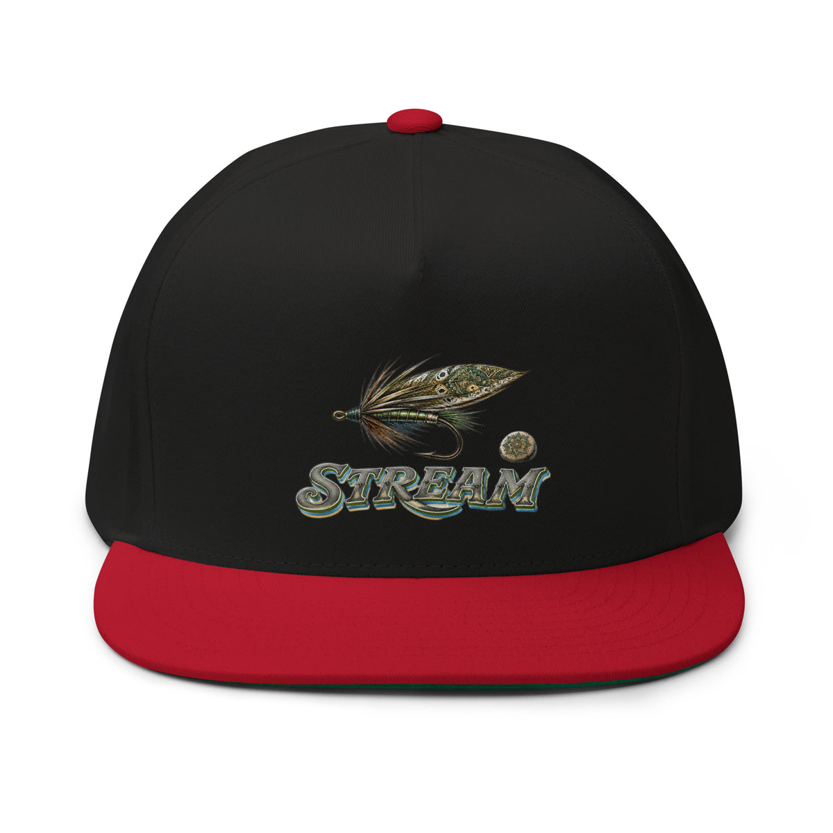 Fishing Lovers Structured Wool Blend Flat Bill Cap with Vintage Feather Fly Fishing and "STREAM" Design by printfluence.net