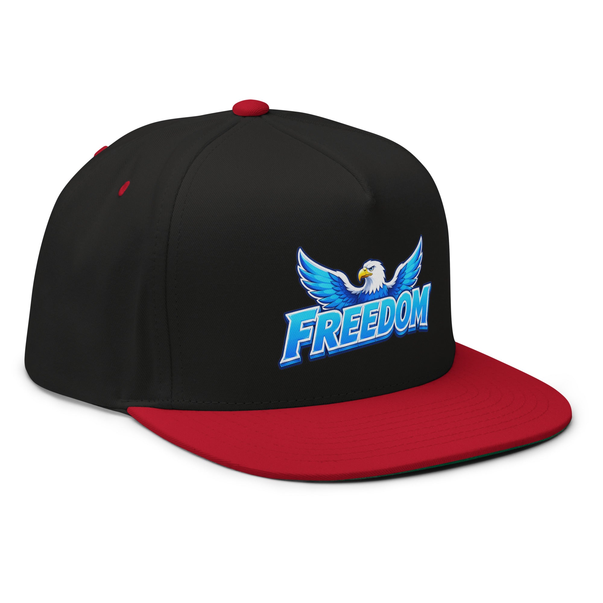 Flat Bill Cap - Majestic Soaring Eagle Freedom - Premium Electric Blue Sky Graphic Design by printfluence.net