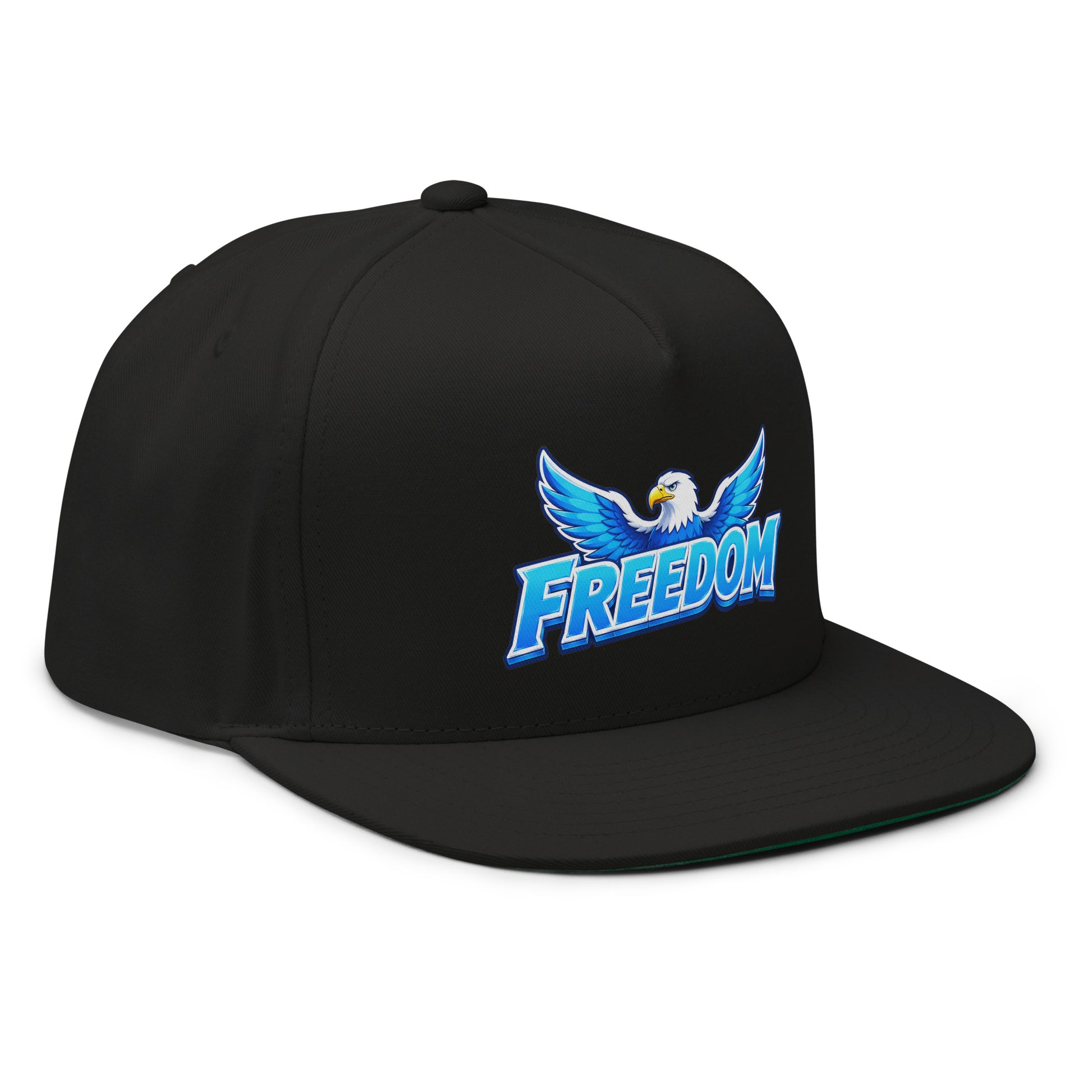 Flat Bill Cap - Majestic Soaring Eagle Freedom - Premium Electric Blue Sky Graphic Design by printfluence.net