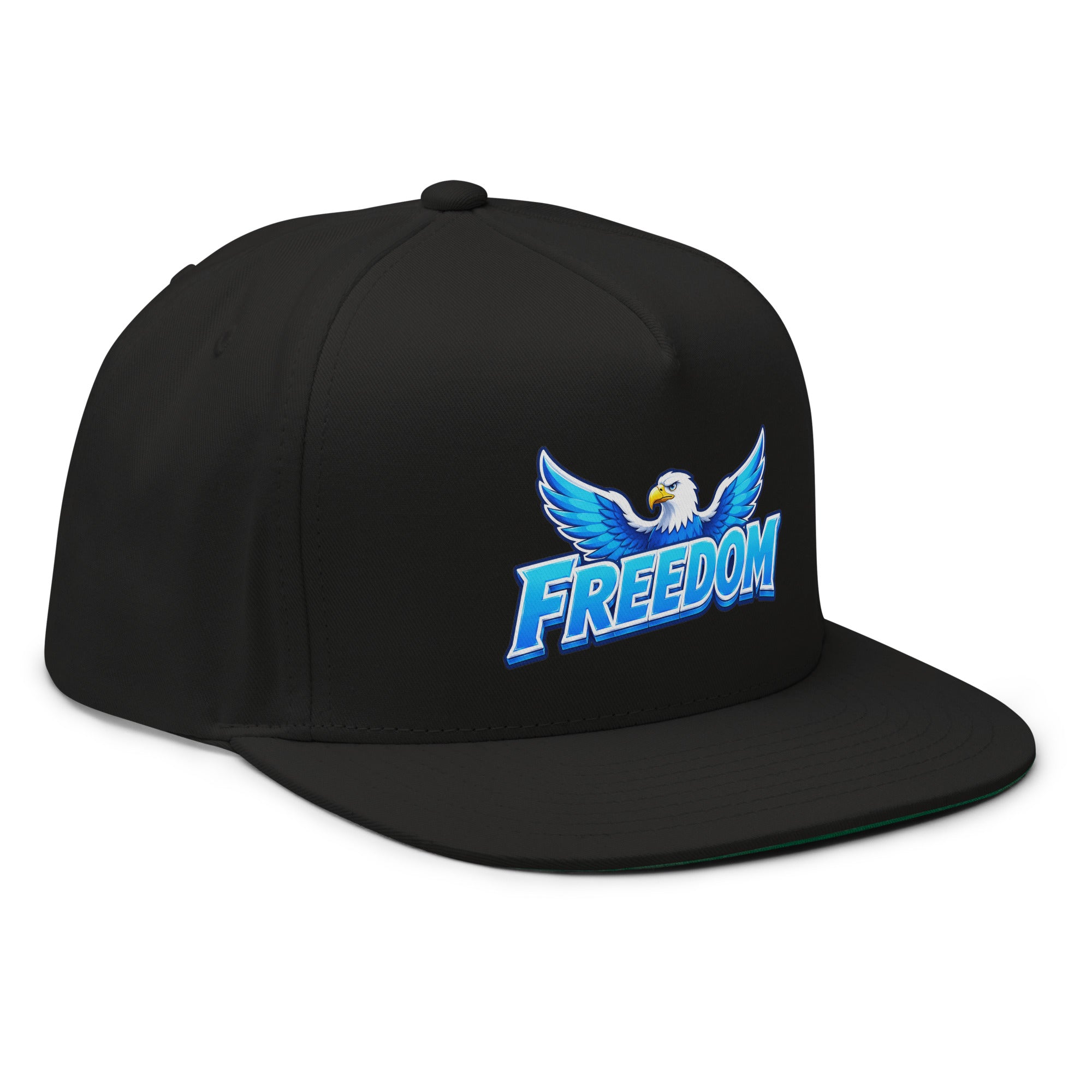 Flat Bill Cap - Majestic Soaring Eagle Freedom - Premium Electric Blue Sky Graphic Design by printfluence.net