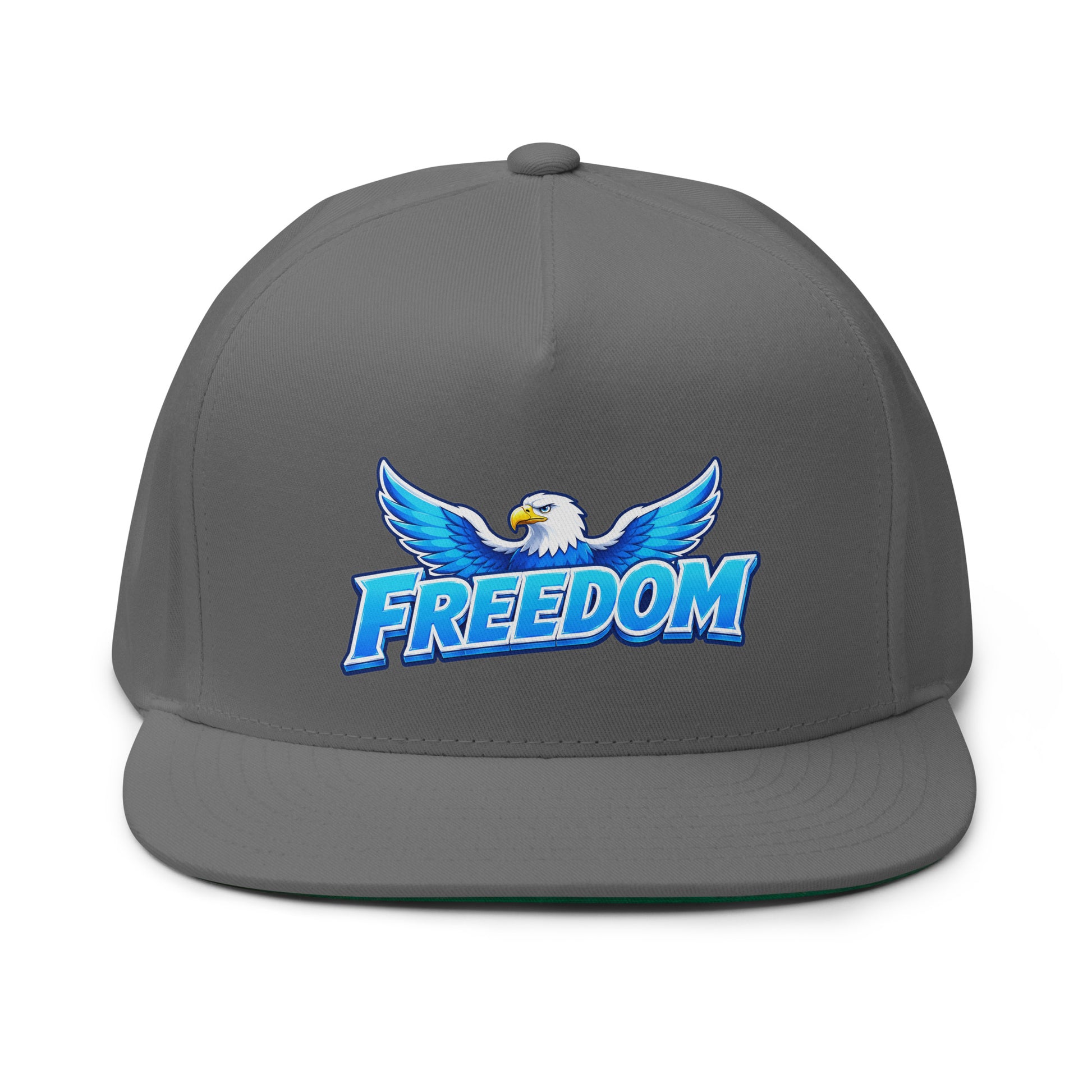 Flat Bill Cap - Majestic Soaring Eagle Freedom - Premium Electric Blue Sky Graphic Design by printfluence.net