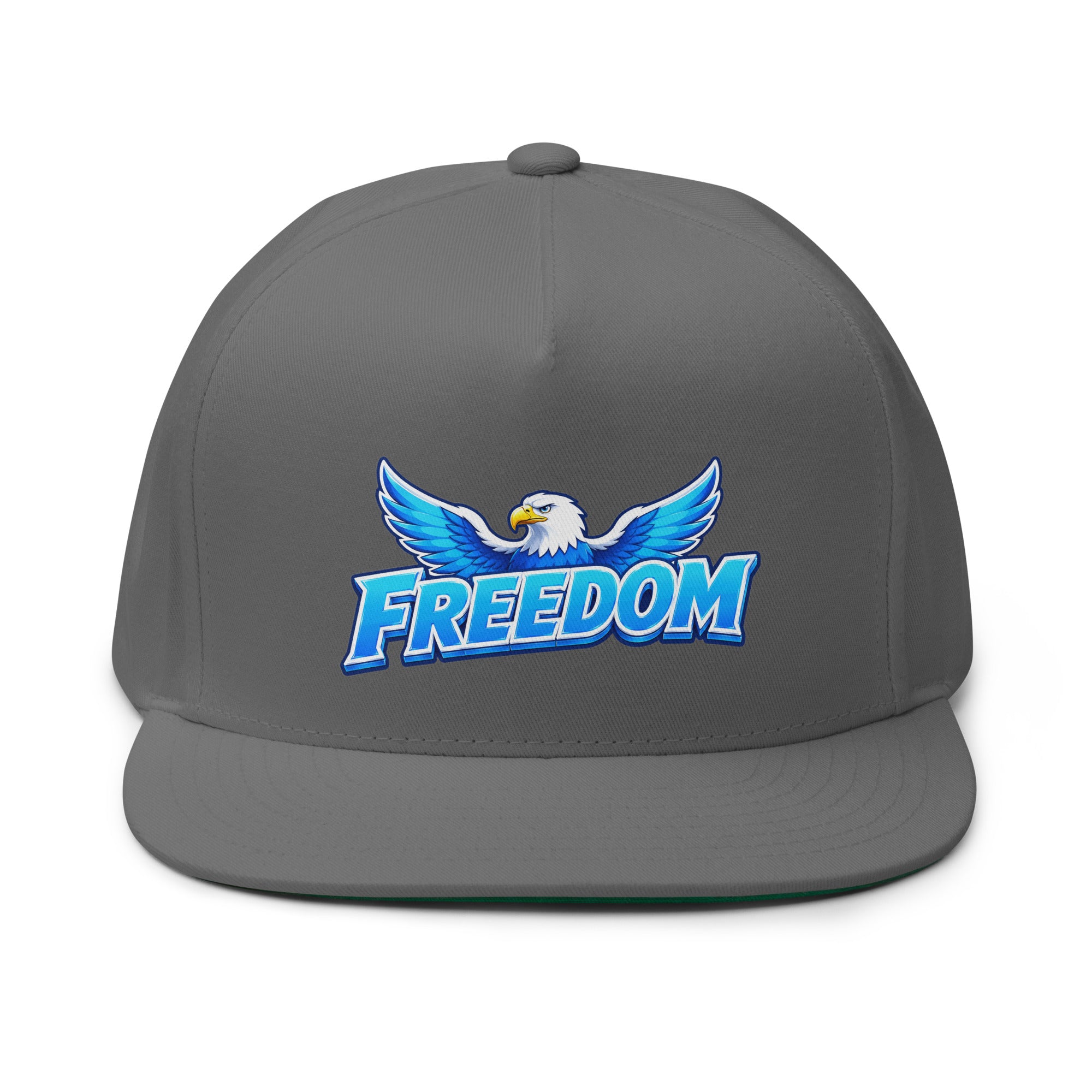 Flat Bill Cap - Majestic Soaring Eagle Freedom - Premium Electric Blue Sky Graphic Design by printfluence.net
