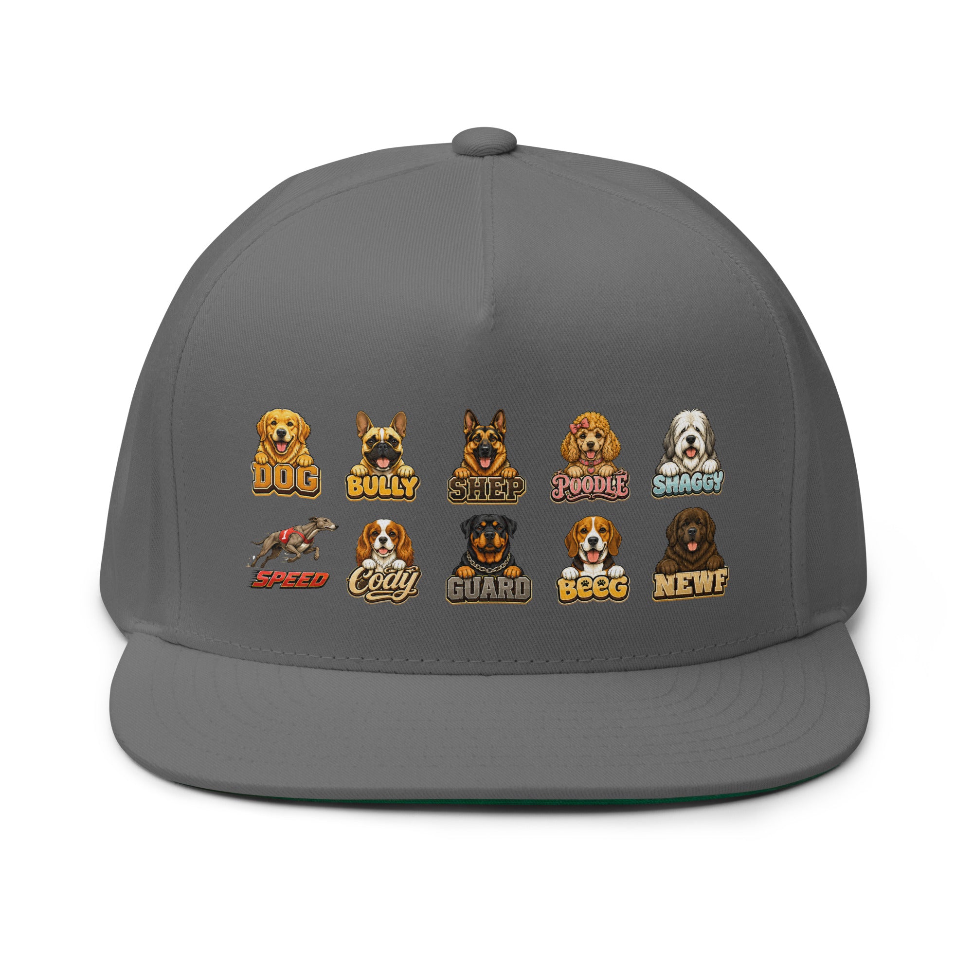 Multi-Breed Dog Badge Flat Bill Cap - Cute Canine Emblem Streetwear Hat for Dog Lovers by printfluence.net
