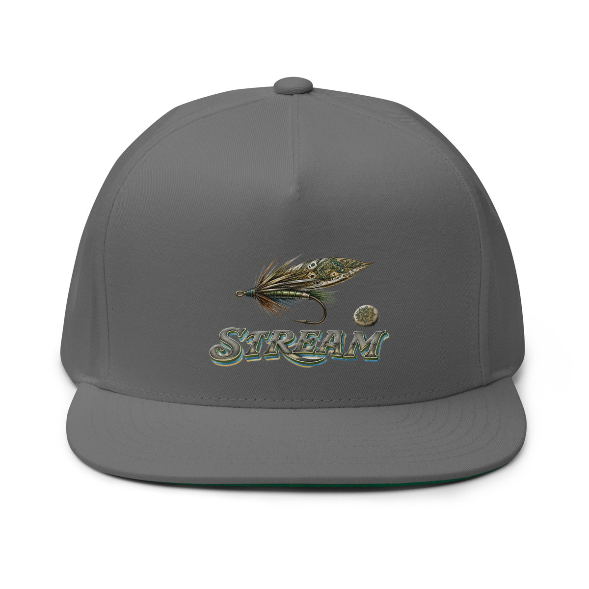 Fishing Lovers Structured Wool Blend Flat Bill Cap with Vintage Feather Fly Fishing and "STREAM" Design by printfluence.net